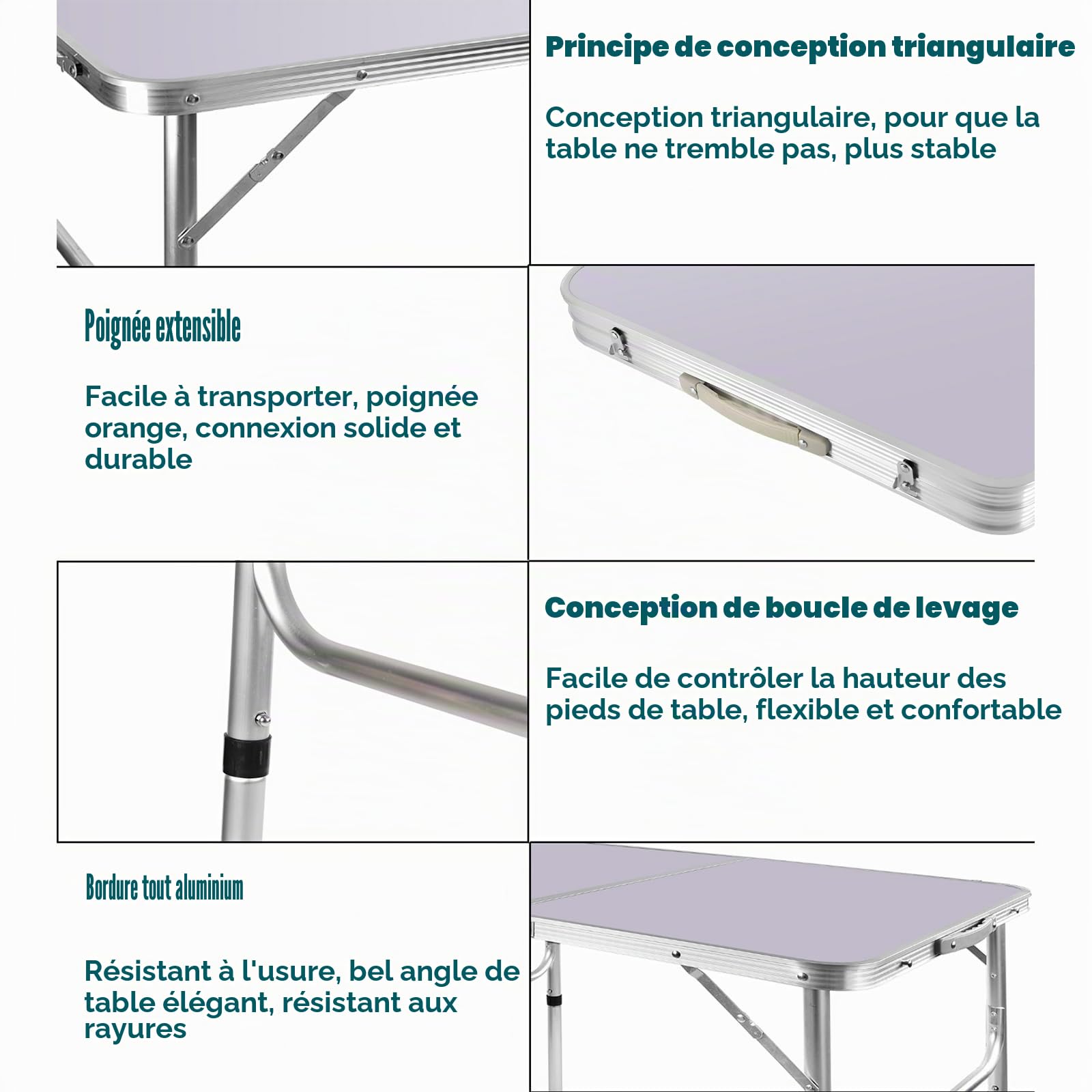Table Pique-Nique Pliante 90x60cm, Petite Table Valise de Camping Pliante 2 Hauteur Ajustable 37/67cm, Structure Aluminium + Plateau MDF pour Repas Intérieur Extérieur Jardin BBQ et Plage