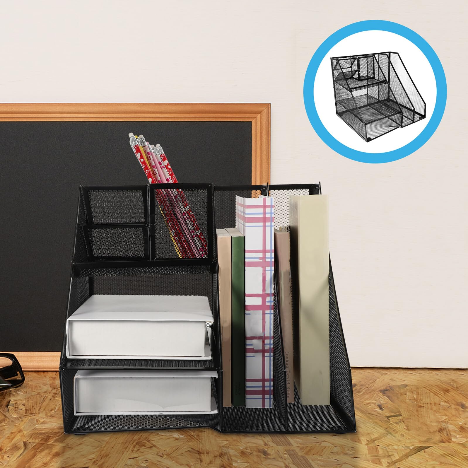 NOLITOY Organizer da Scrivania in Ferro Nero con Portapenne Laterale Porta Documenti e File Supporto Multi-scomparto per Ufficio e Casa Portariviste e Portaoggetti Resistente