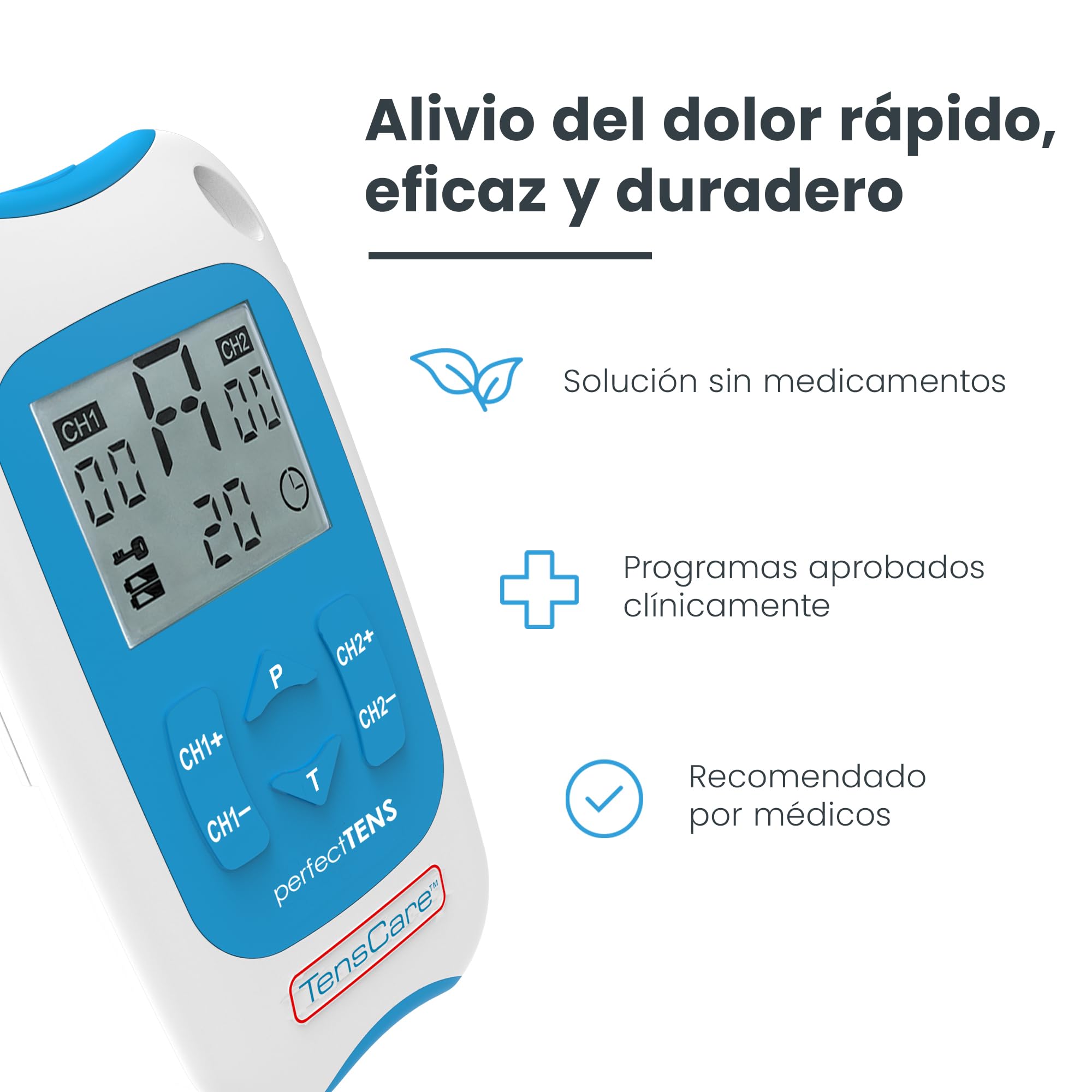 TensCare Perfect Tens – Dispositivo TENS Electroestimulador para Alivio del Dolor, 2 Canales, Programas Efectivos para Dolor de Espalda, Artritis y Lumbalgia