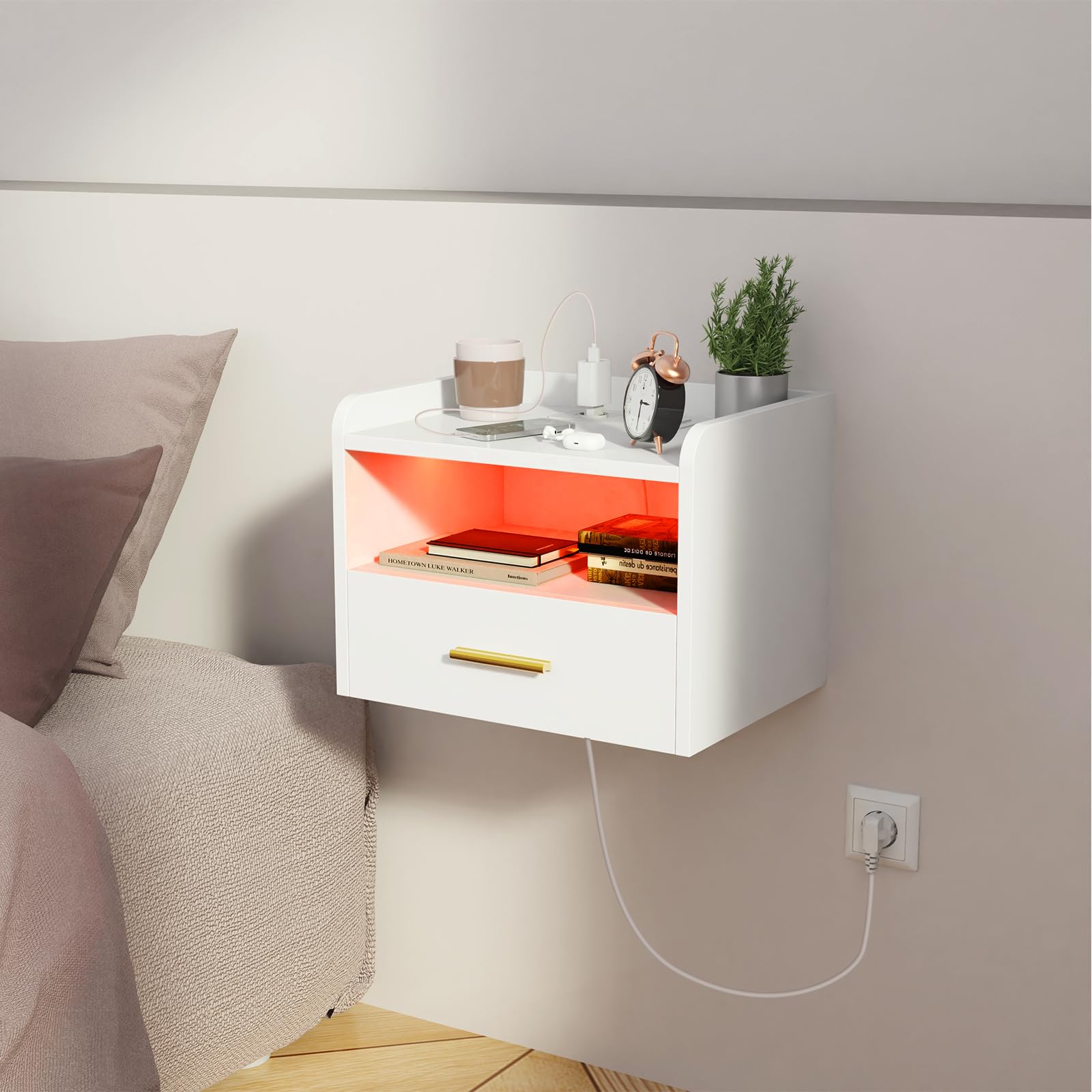 Nachttisch wandmontage, Nachtschrank Hängend, Offenes Fach Und Einer Schublade, 2 USB Anschlüsse, 2 Steckdosen, 16 Farben LED Nachttisch mit Ladestation 40x30x30cm