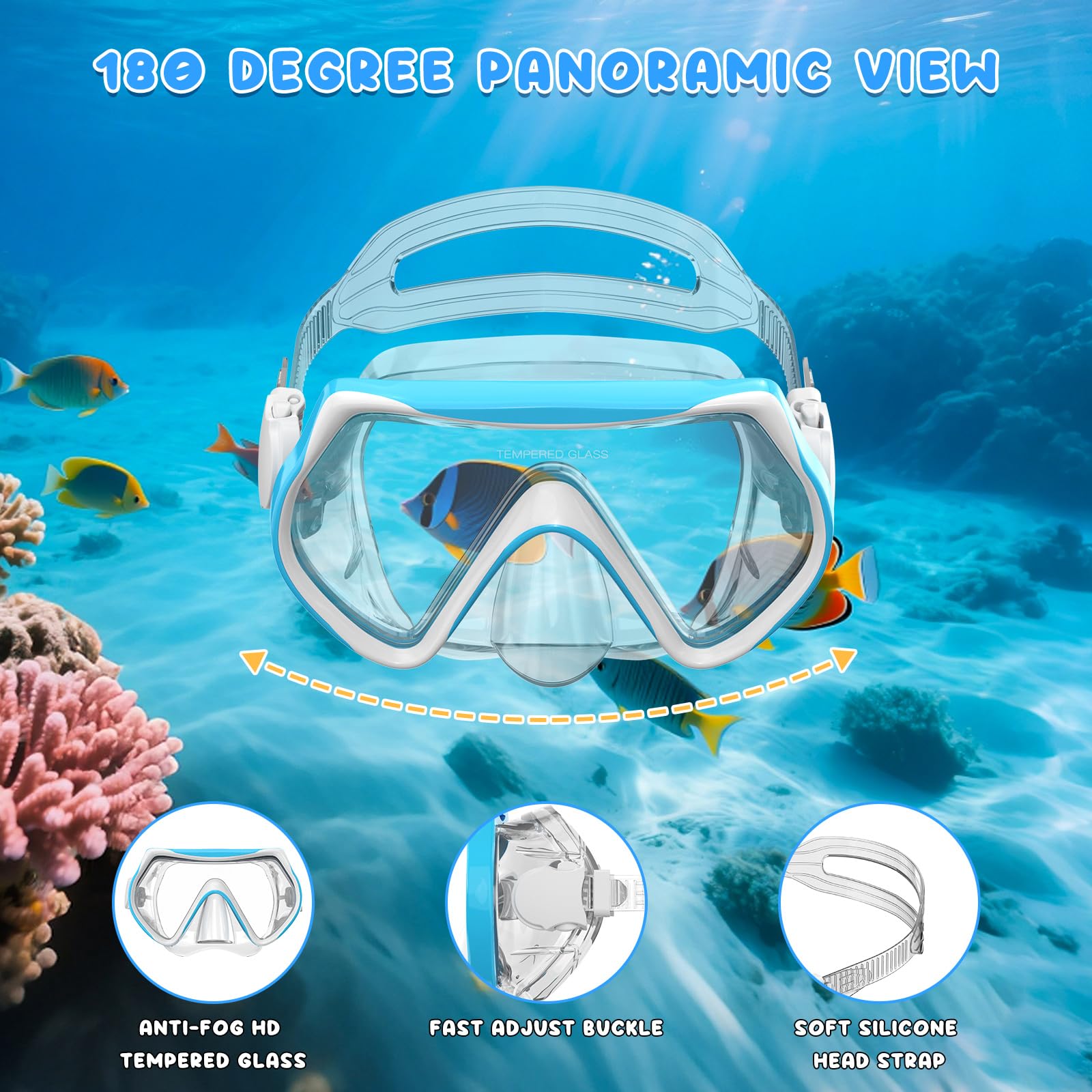 Attrezzatura da snorkeling per bambini, set da snorkeling per bambini dai 3 ai 14 anni, maschera subacquea anti-appannamento e boccaglio Dry Top, blu e rosa