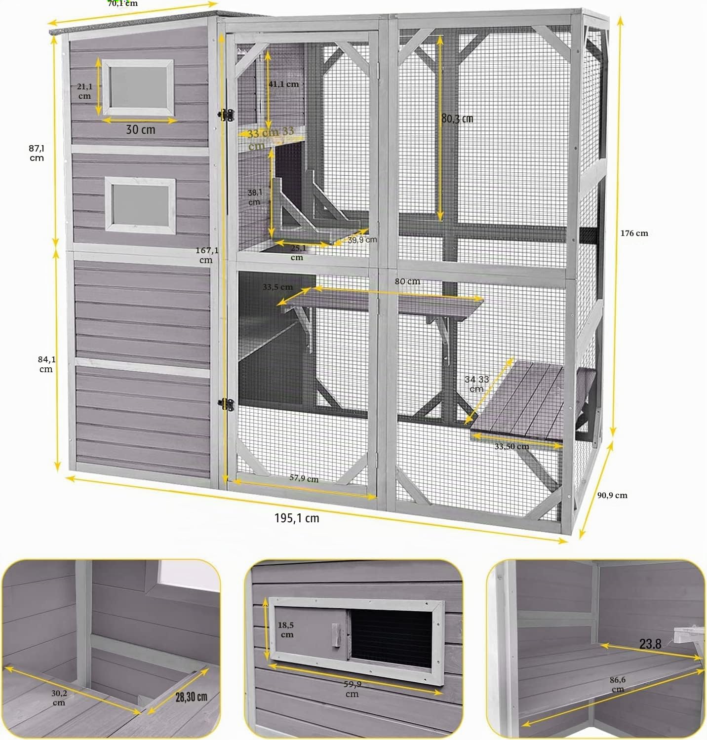 Akinerri Catio Katzenhaus für den Außenbereich, 4 Etagen, Katzengehege, 177,8 cm hoch, 195,6 cm lang, großer Katzenkäfig für drinnen und draußen, wetterfestes Dach, 3 Ruheräume, 3 Plattformen, 5