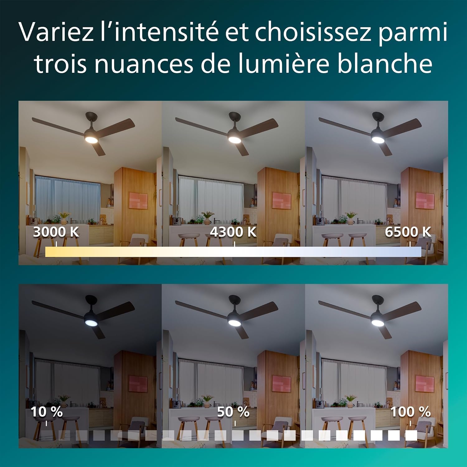 PHILIPS Plafonnier Ventilateur 3 Pales Civx, Lumière LED, 132cm, Noir/Bois