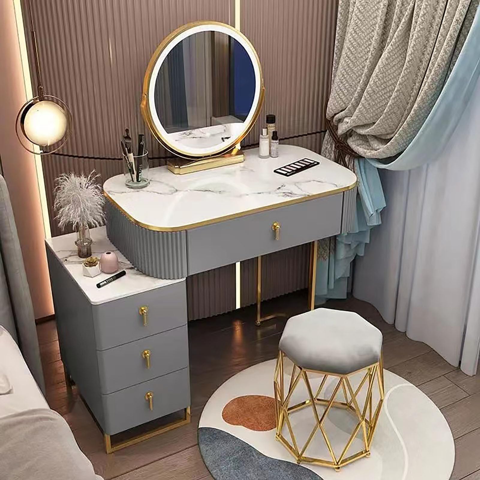 Makeup Vanity Desk Set Dressing Table with LED Lights Mirror and Stool,  Wooden Dresser Table with Drawers for Modern Women Bedroom Furniture