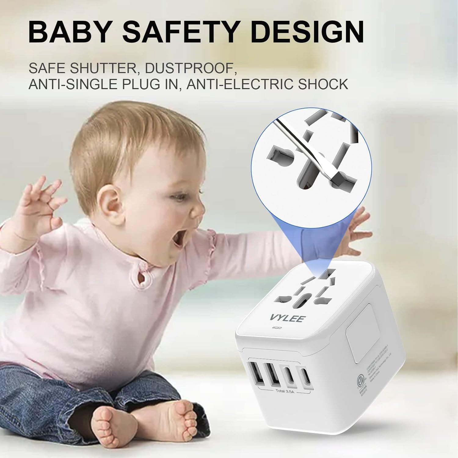 VYLEE Universal International Power Travel Plug Adapter, 5 in 1 European Travel Plug Adapter W/ 3.5A 2xUSB-A and 2xUSB C Wall Charger and Worldwide AC Outlet for Europe USA UK AUS Asia - Image 8