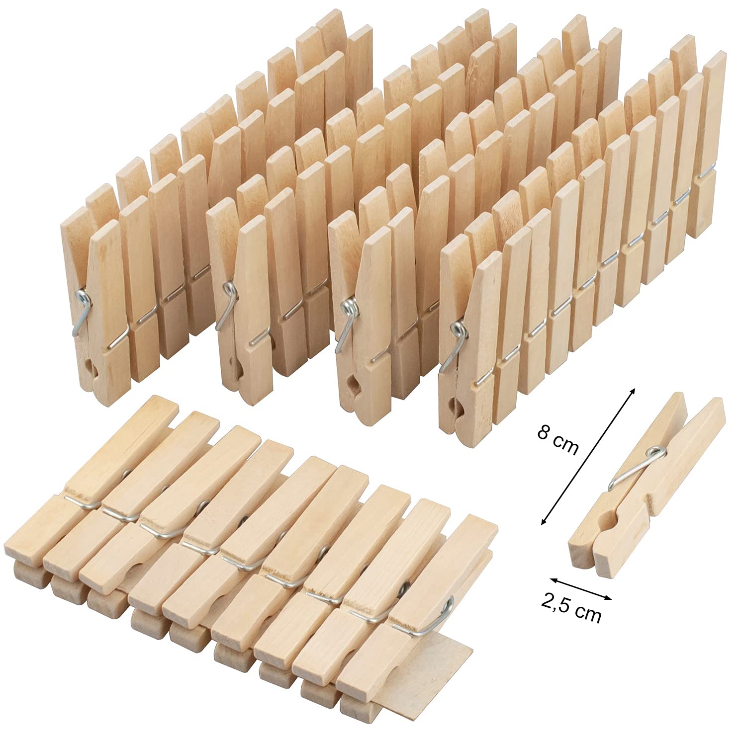 Mollette Per Bucato In Legno Di Betulla, 50 Pezzi, Non Trattate, Con Molla Robusta, Resistenti Al Vento, Lunghe 7,5 Cm - 2