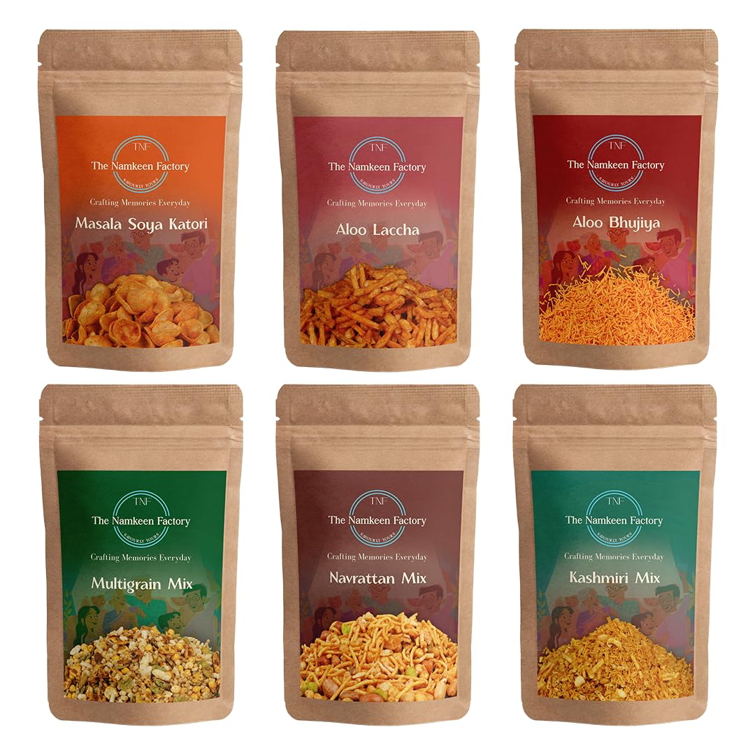 The Namkeen Factory - Namkeen Combo Pack (6 x 100g) | Masala Soya Katori, Aloo Laccha, Aloo Bhujiya, Multigrain, Navrattan, Kashmiri Mix | Perfect Snack Pack for Any Occasion (B0DFHJGQ19) Amazon Price History, Amazon Price Tracker