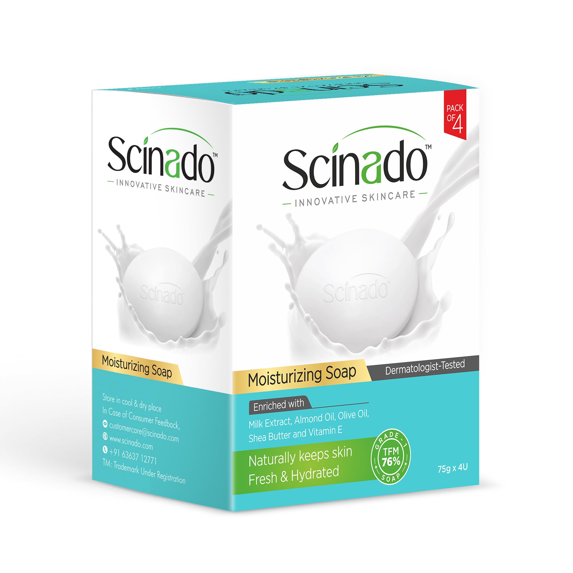 Scinado Moisturizing Soap I TFM 76% I Grade 1 Soap I Dermatologists Tested I Paraben Free I Long Lasting Moisturizing and Nourishing I Almond Oil, Olive oil, Milk Extract, Shea Butter, Vit E I Pack of 4 - ( 75g x 4 ).-image-40