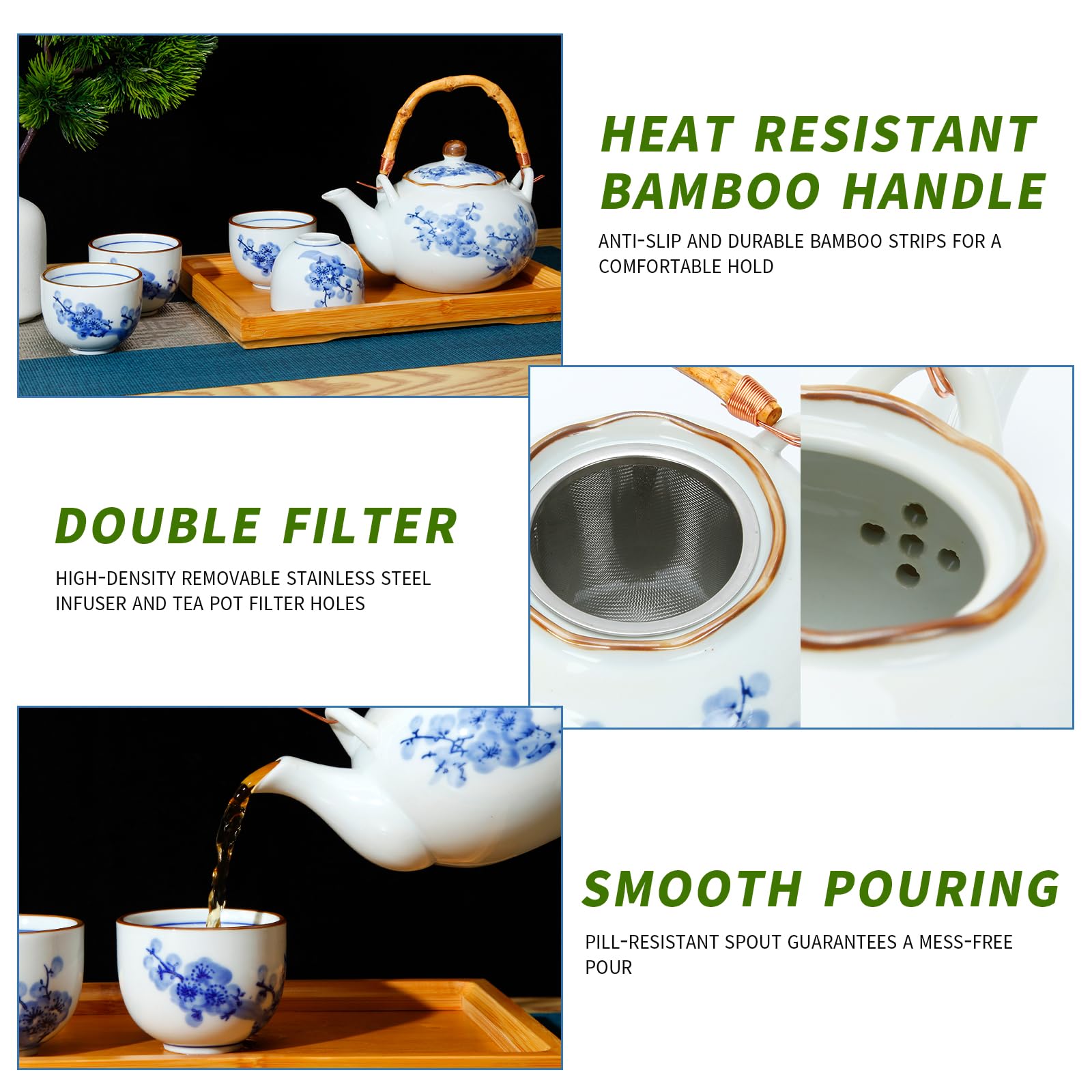 Juego de té japonés de porcelana con tetera y taza de té para 4, juegos de té azul y blanco para adultos con infusor de acero inoxidable y bandeja de bambú, juego de té asiático para amantes del té,