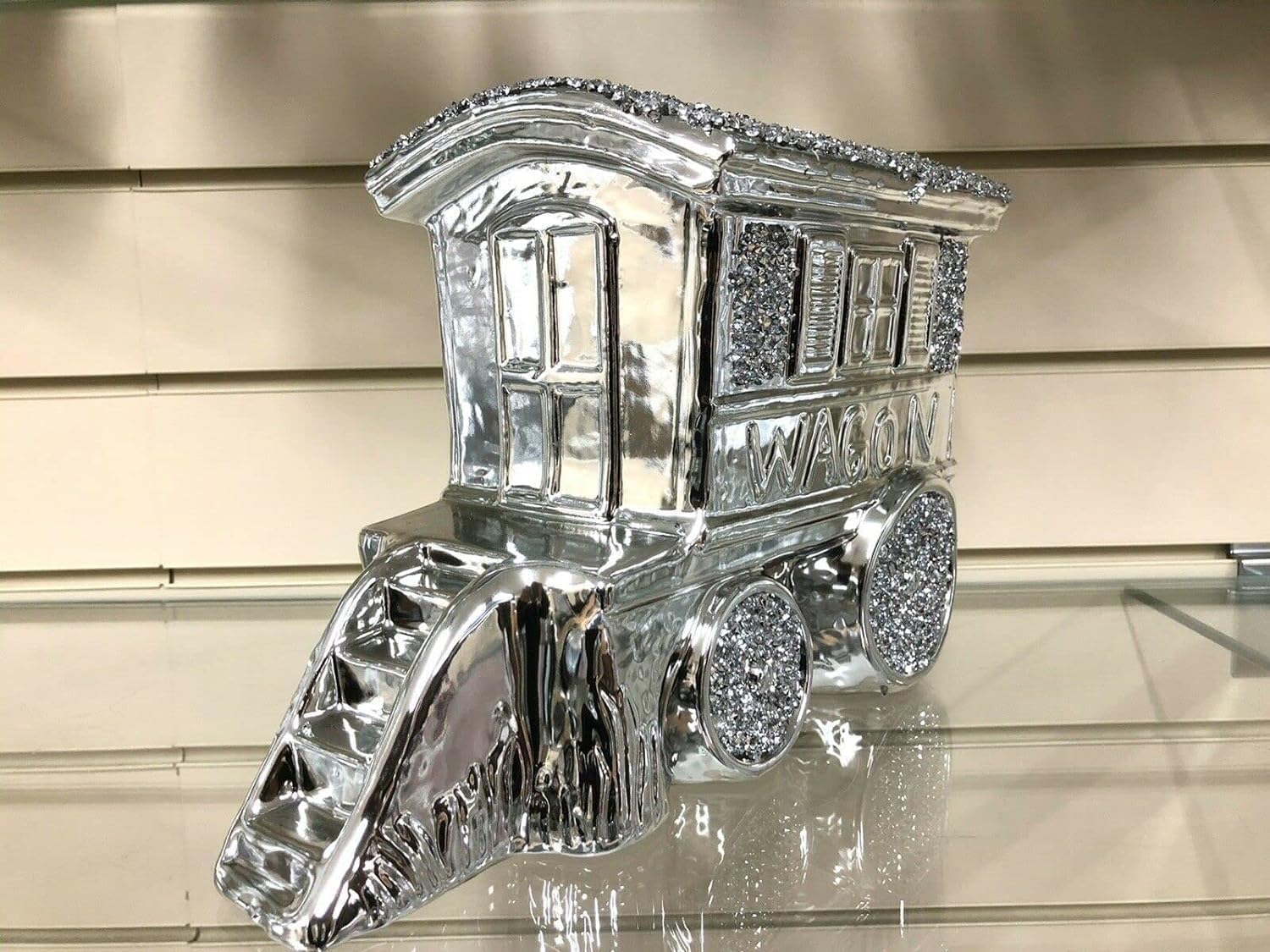 Deenz Crushed Diamond Caravan Square Gypsy Crystal Ornament Shelves Silver Gold Roof Wagon (Silver)