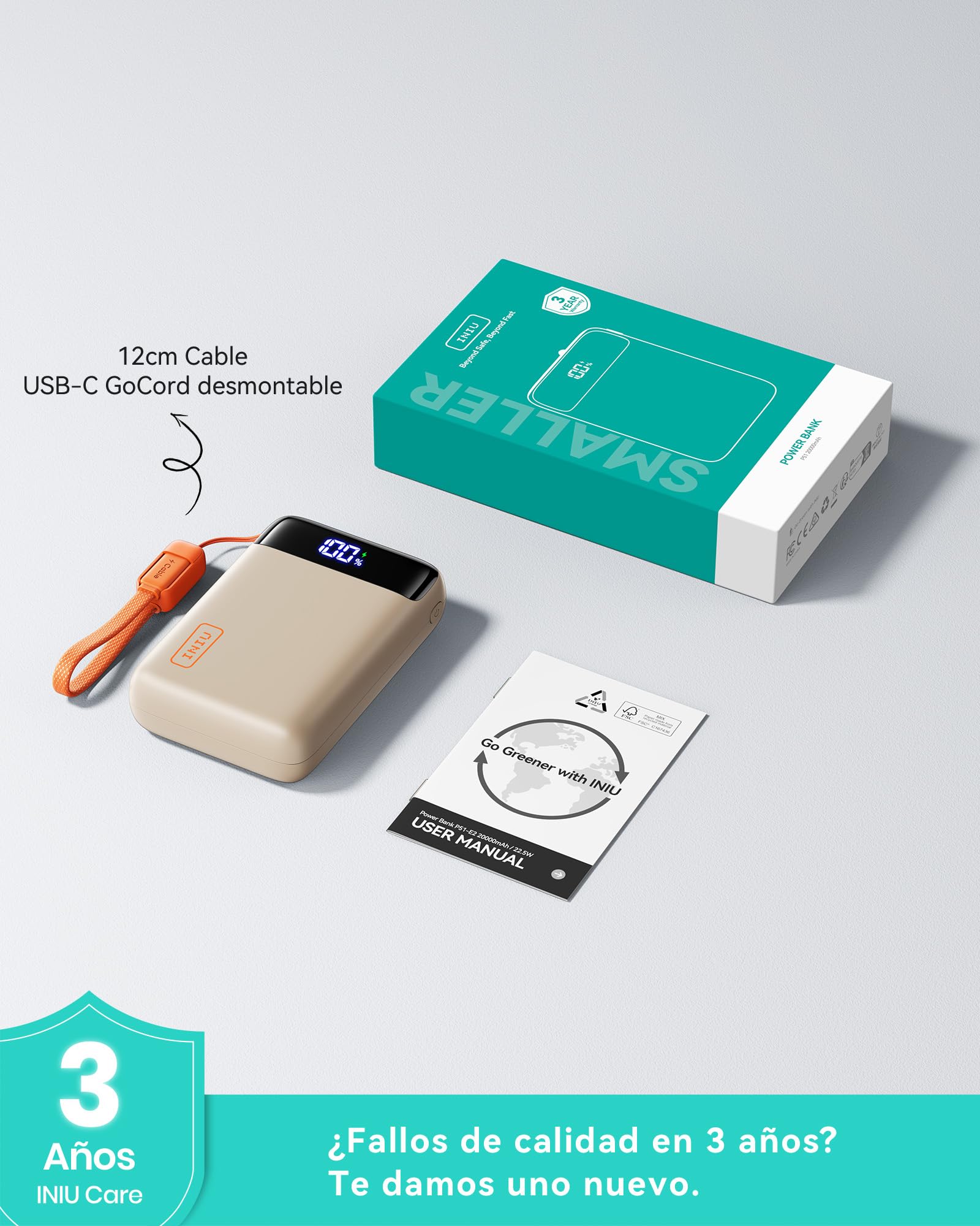 INIU Power Bank, Pequeño 20000mAh 22,5W Carga Rapida Bateria Phone Externa | Cable USB C Adjunto, Apto para Avión, Esenciales de Viaje, Bateria Portatil para iPhone 17 16, Samsung S25, iPad, Xiaomi etc