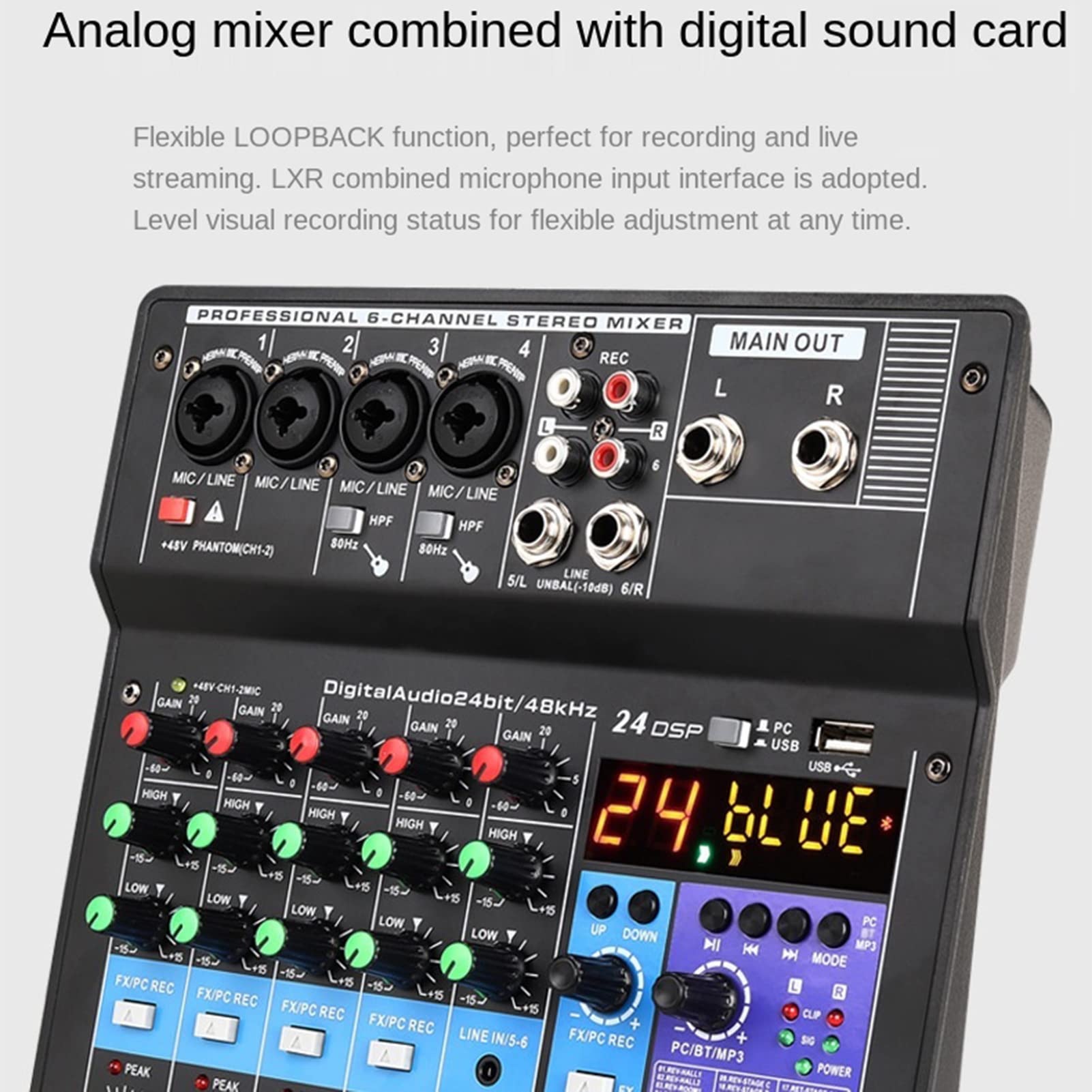 Mezclador de Audio Profesional USB Bluetooth MP3 Entrada de computadora 48V Phantom Power Estéreo DJ Studio Streaming 24 DSP Procesador para Party Studio