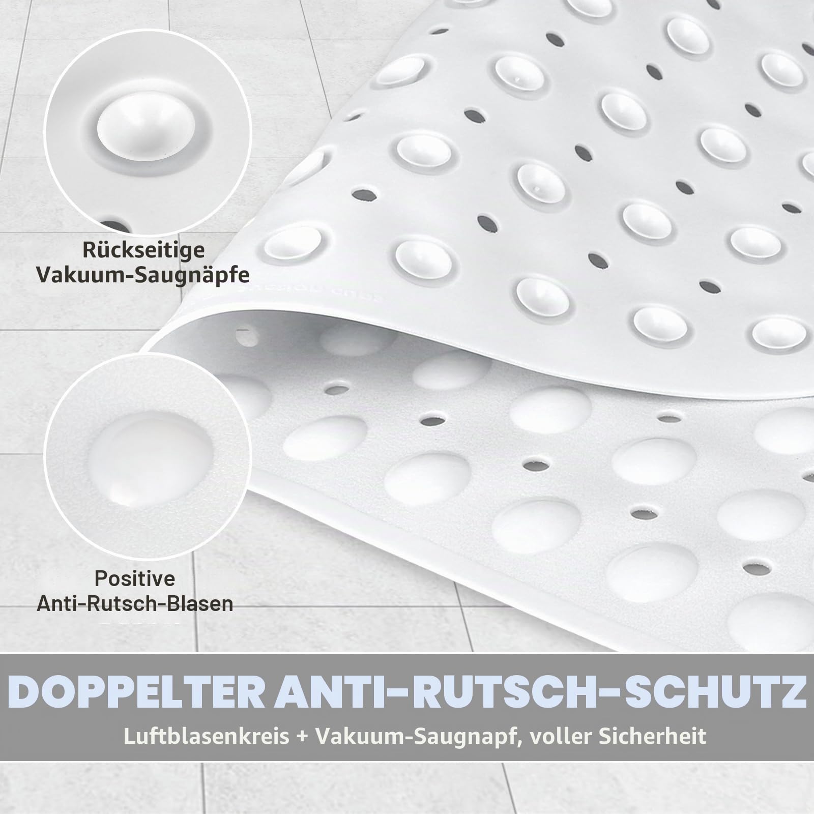 Eck-Duschmatte rutschfest 70 x 70 cm, Große Duscheinlage rutschfest Antirutschmatte Halbrund mit Saugnäpfen und Abflusslöchern, Maschinenwaschbar (Weiß)