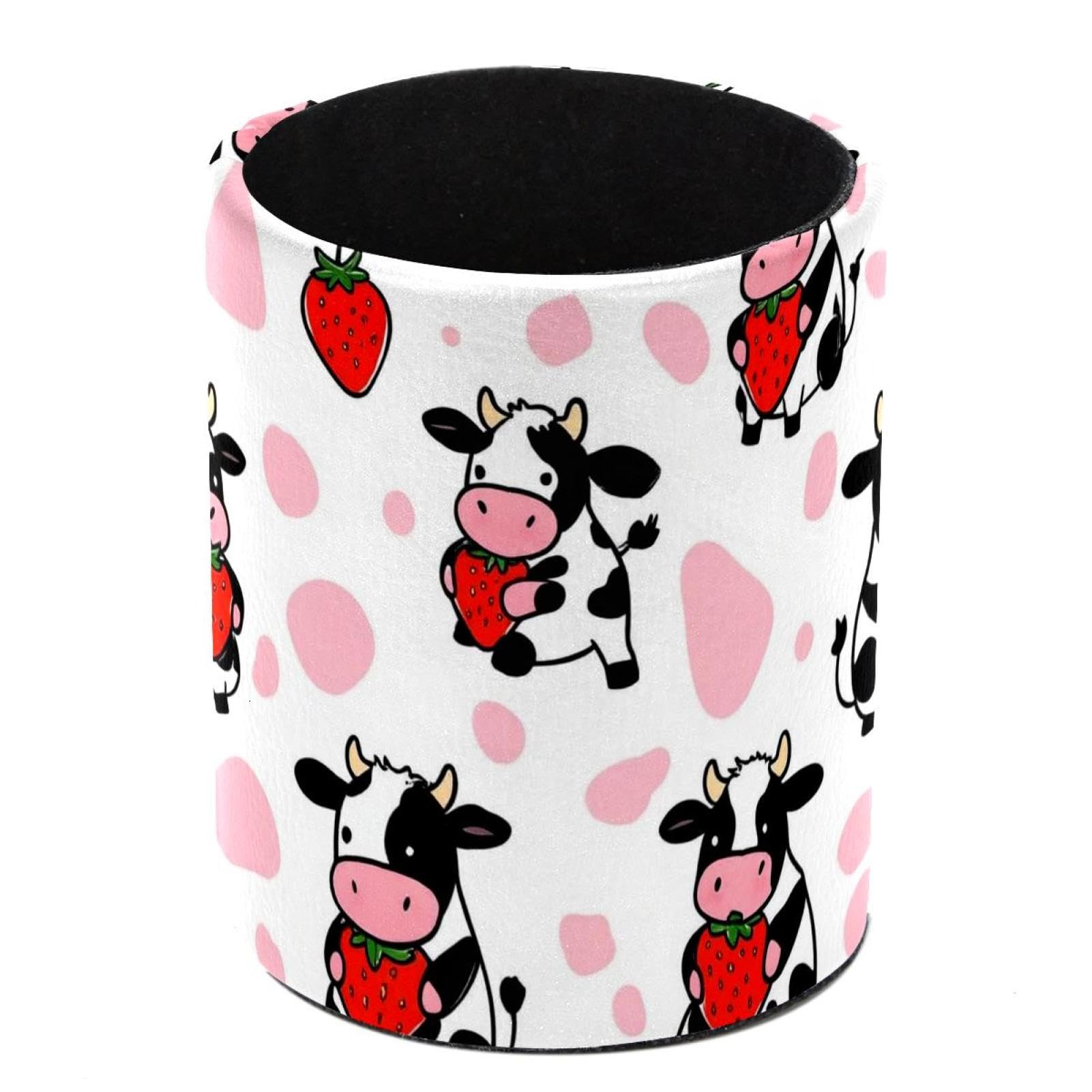 HEOEH Cows Strawberry Pen Holder for Desk, PU Leather Pencil Holder Pen Cup Marker Holder Makeup Brush Holders, Desk Accessories & Workspace Organizers for Home, Office