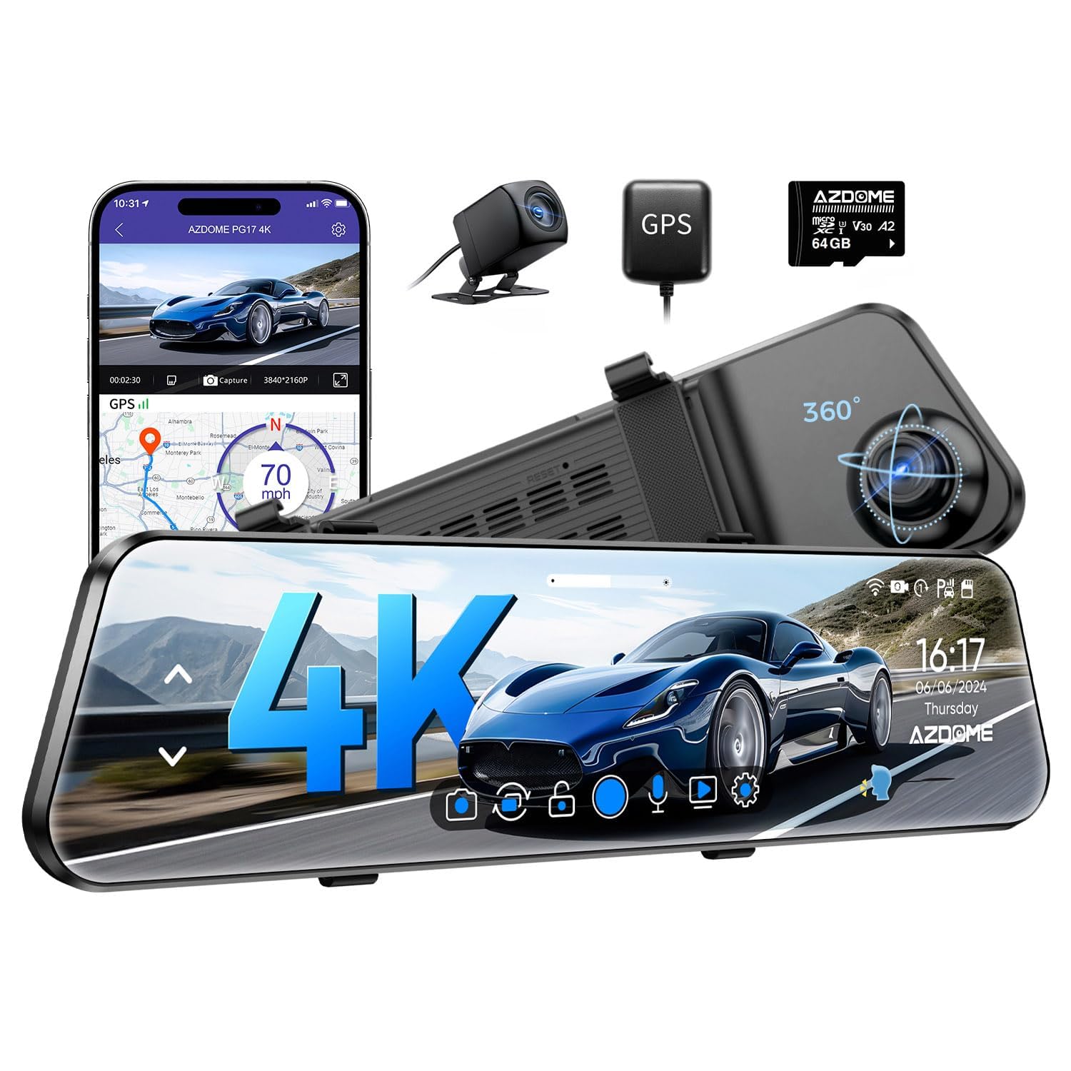 AZDOME PG17 12" 4K Mirror Dash Cam Front and Rear, Wi-Fi 6 Rear View Mirror Camera with 64GB Card, Voice Control Dash Camera for Car, Rearview Mirror Camera with GPS Night Vision Parking Assistance