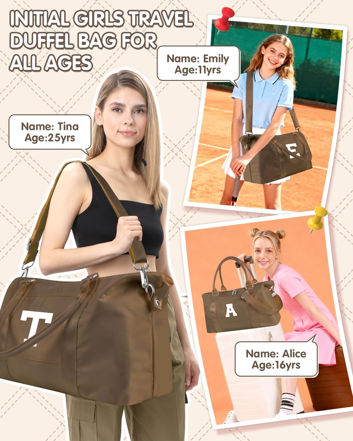 Birthday Graduation Gifts for Daughter,Initial Travel Duffel Bag Sports Gym Bag for Girls Teen Kids Birthday Gifts,Personalized Weekender Bag Carry On Tote Bags Cute Overnight Bag for Women(Brown, B)