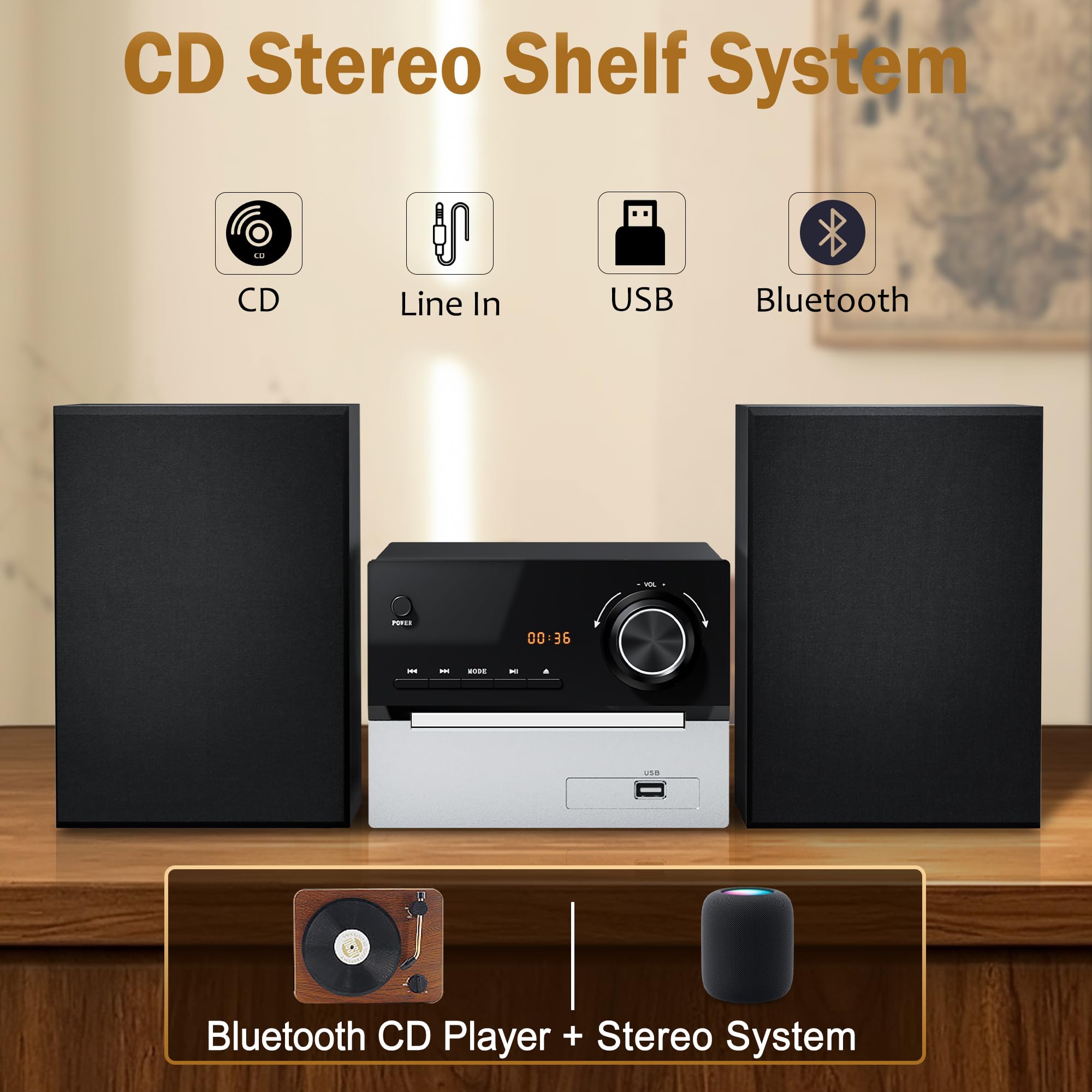 Mini Chaine HiFi Bluetooth pour Maison, Lecteur CD avec Enceintes 30W RMS