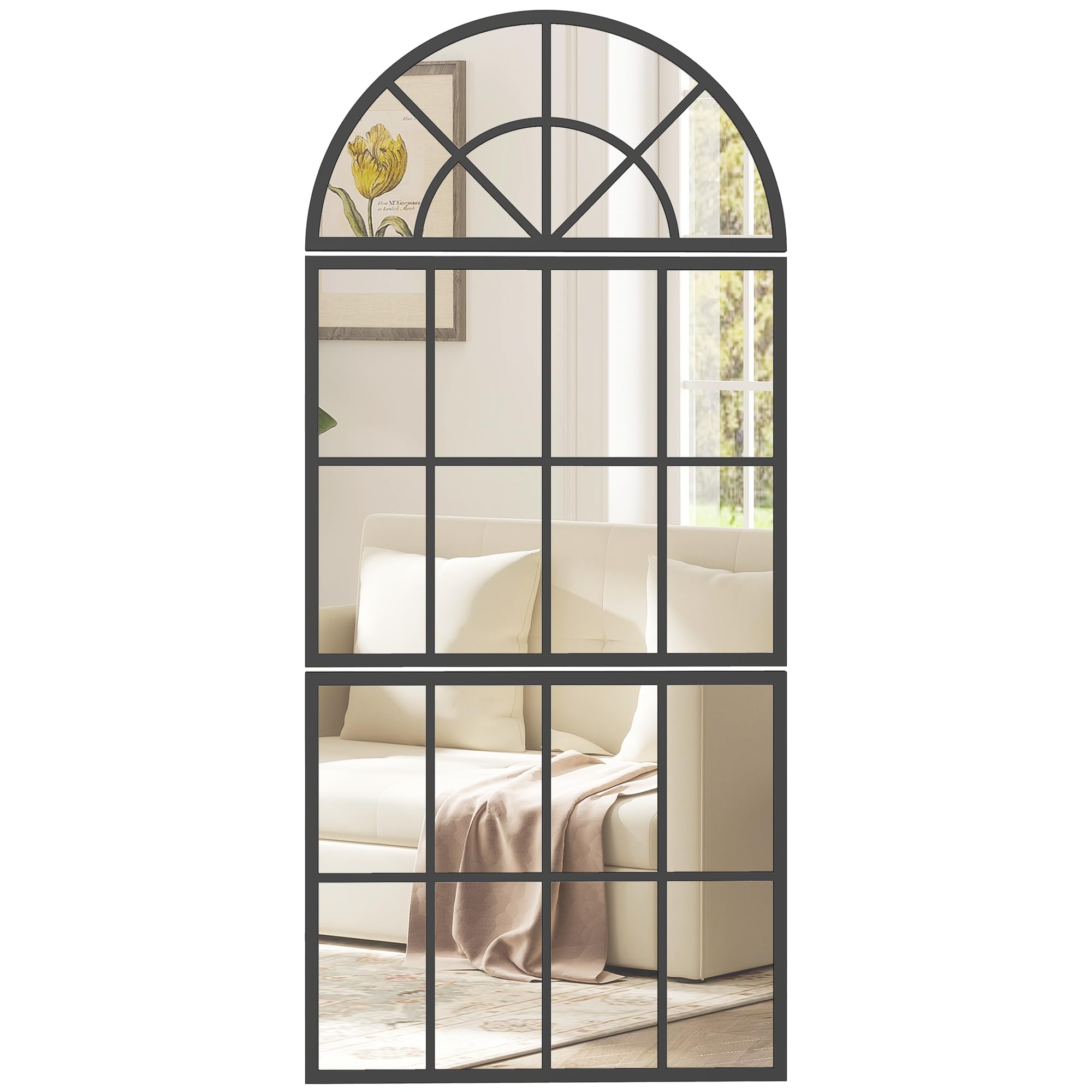 Homcom Black Modern Large Arched Wall Mirror With Metal Grid 120 X 54 Cm