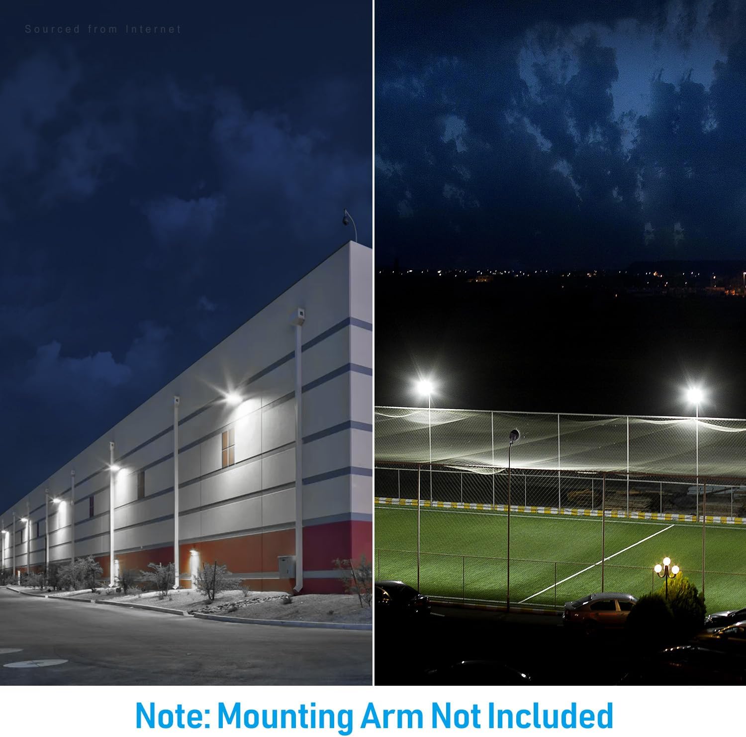 TORCHSTAR 100W LED Barn Lights illuminating a warehouse exterior and a sports field at night, showcasing their application in large outdoor spaces.