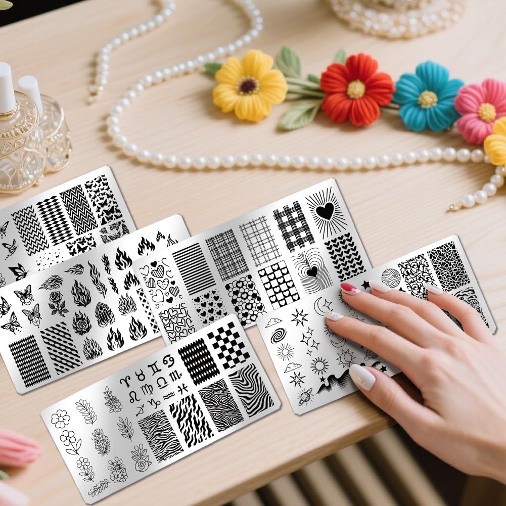 PH PandaHall 5pcs Farfalle Fiamme Nail Stamping Piastre Cuori Fiori Nail Art Modelli Zodiaco Manicure Art Stencil Sole Luna Stella Unghie Design Timbro per Donne Manicure Salone Stampa fai da te