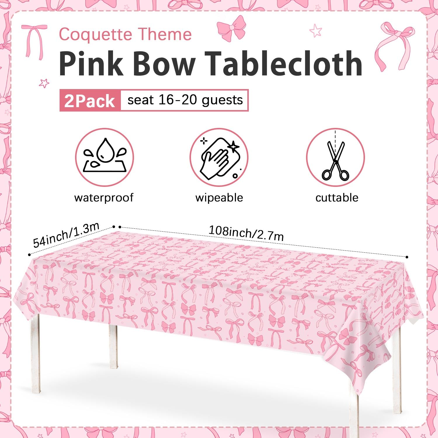 BOXOB 2 Tovaglie Con Fiocco Rosa – Decorazioni Compleanno, Baby Shower, Festa Coquette - 3
