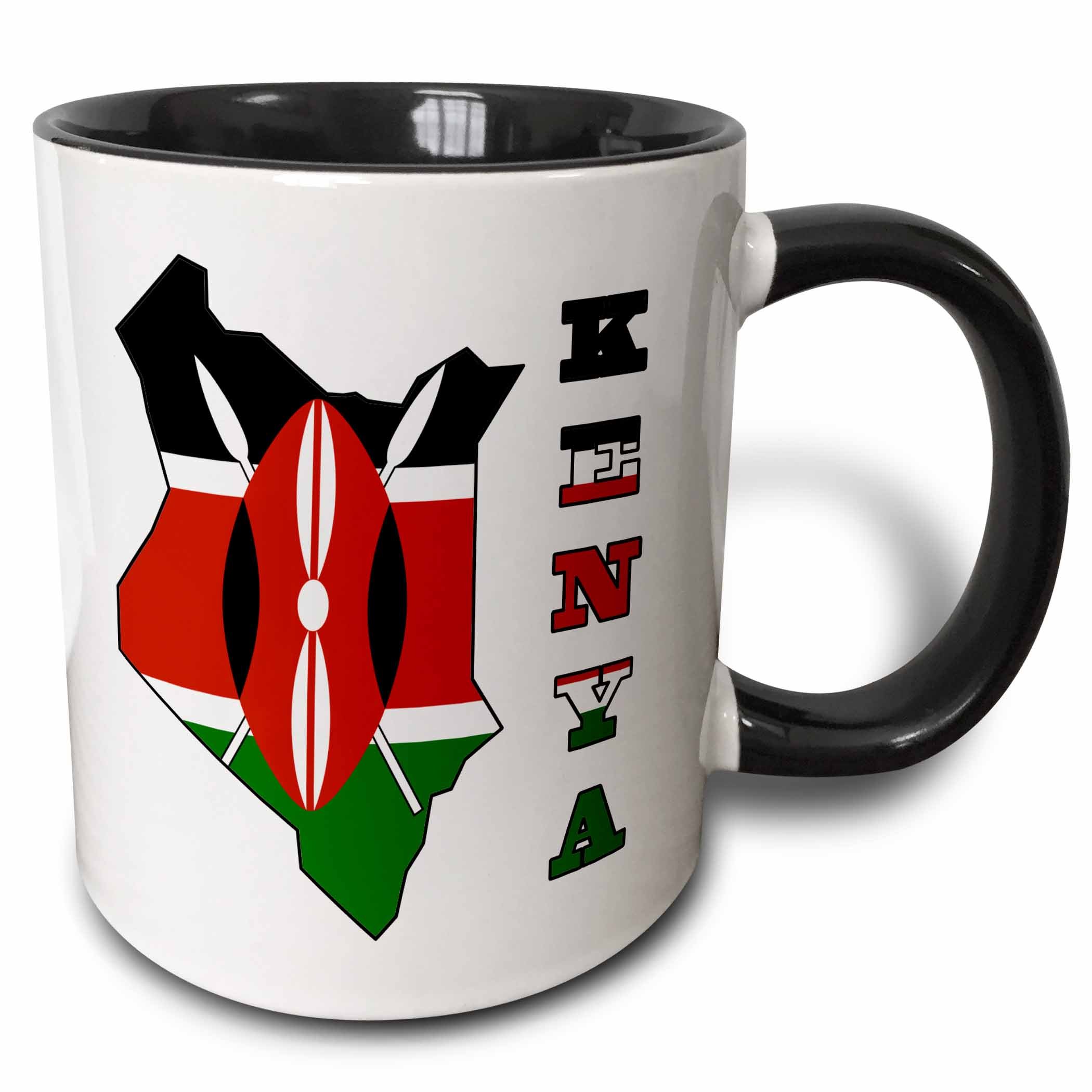 3dRose (mug_151943_4) Kenya flag in outline map of country and name Kenya - Two Tone Black Mug, 11oz