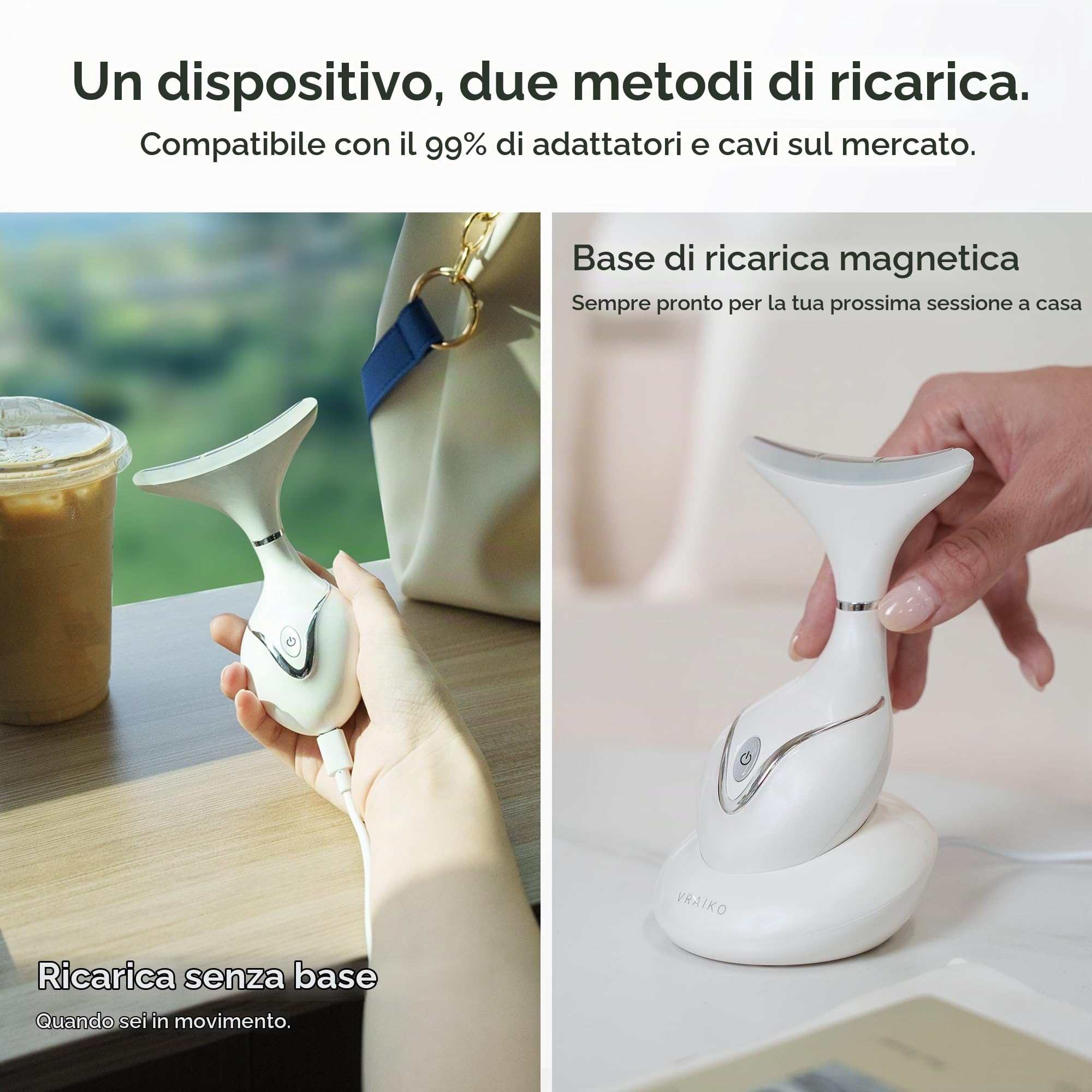 VRAIKO Iris Massaggiatore per Collo e Viso,Strumento di Sculpting Faciale con Base di Ricarica,Massaggio Microcorrente per Sollevamento,LED Triple-Action e Termico per Migliore Assorbimento (Bianco)