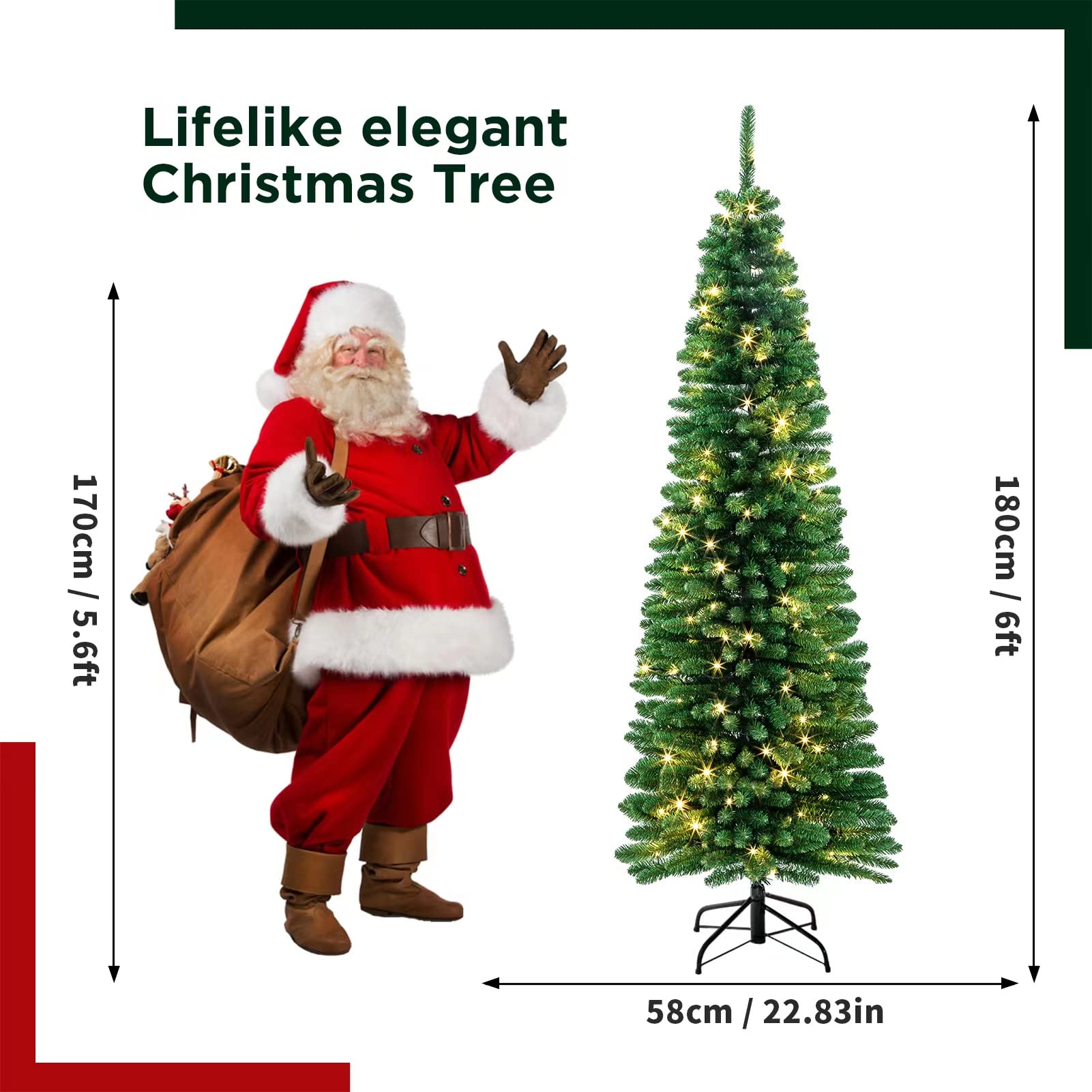 SINTEAN 6FT Pencil Christmas Tree , Slim Christmas Tree with 555 Tips and 160 Warm White Lights for Small Space and Party Decoration