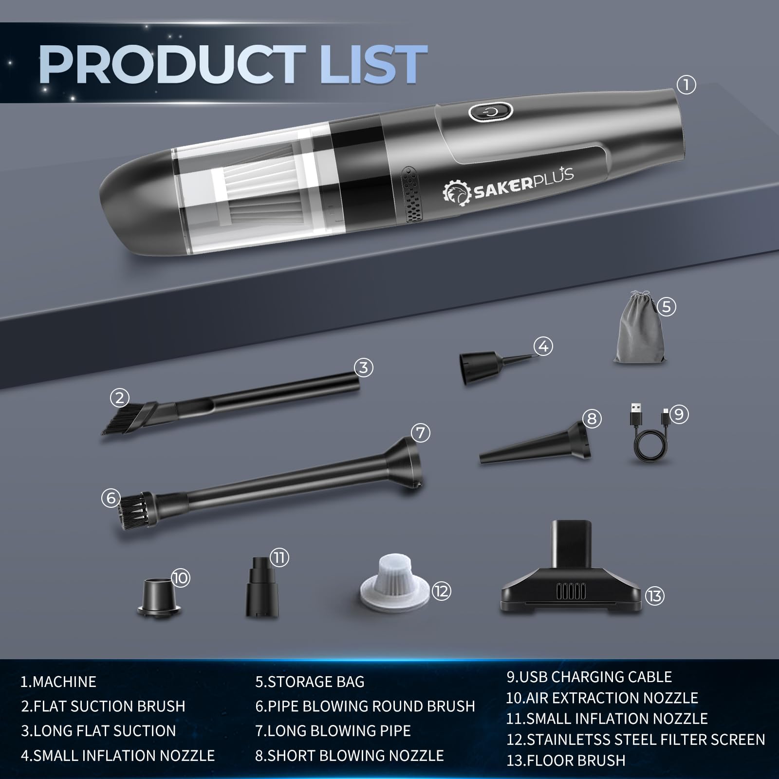 SakerPlus Car Vacuum - High Power, Cordless, Brushless Mint Vacuum w/ TypeC Charge, Mini, Handheld, Portable
