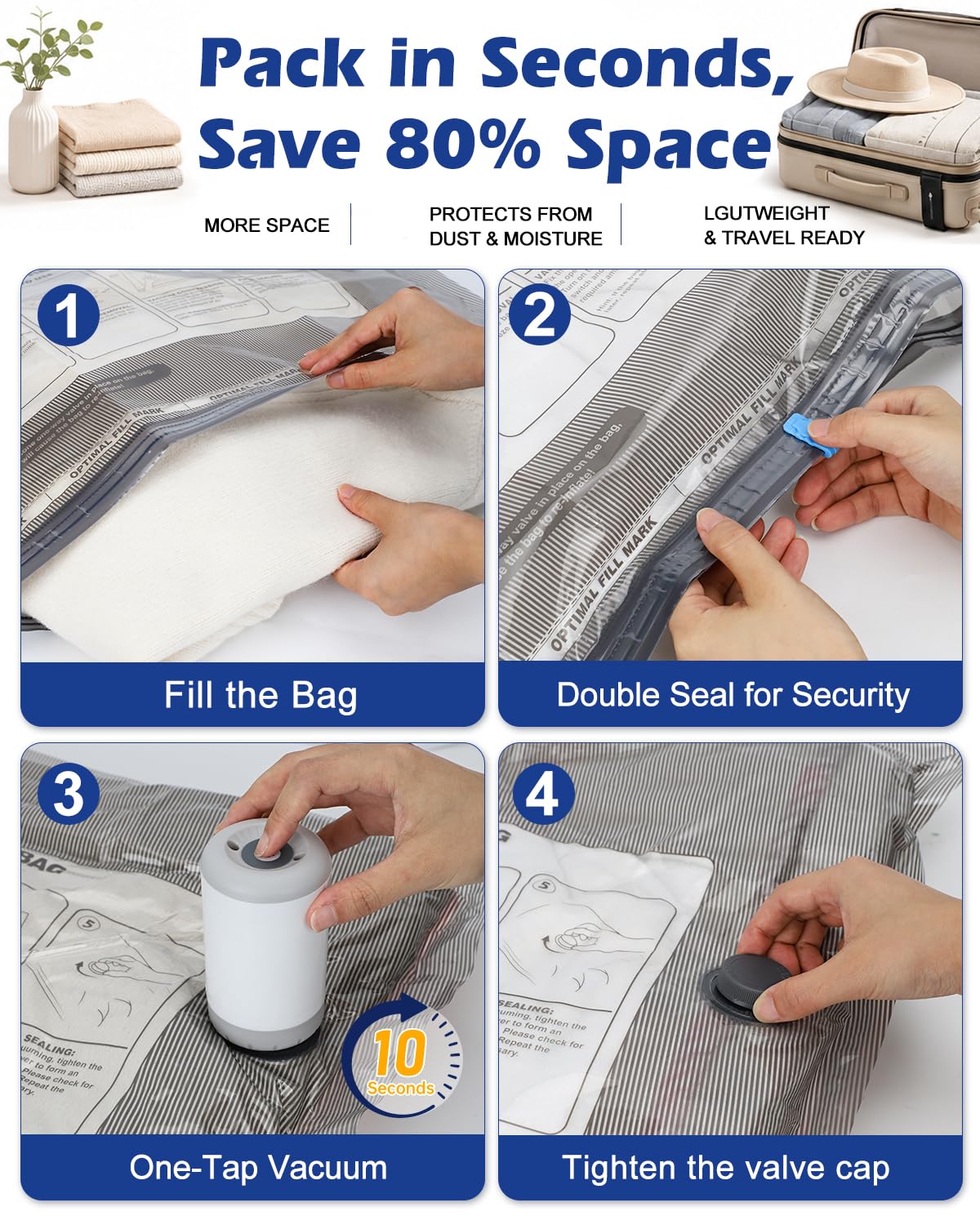 Fantictas Vakuumbeutel für Kleidung mit wiederaufladbarer Luftpumpe, 12 Stück, tragbare platzsparende Beutel, Kompressionsbeutel für Kleidung, Bettwäsche, saisonale Aufbewahrung & Verpackungsbeutel