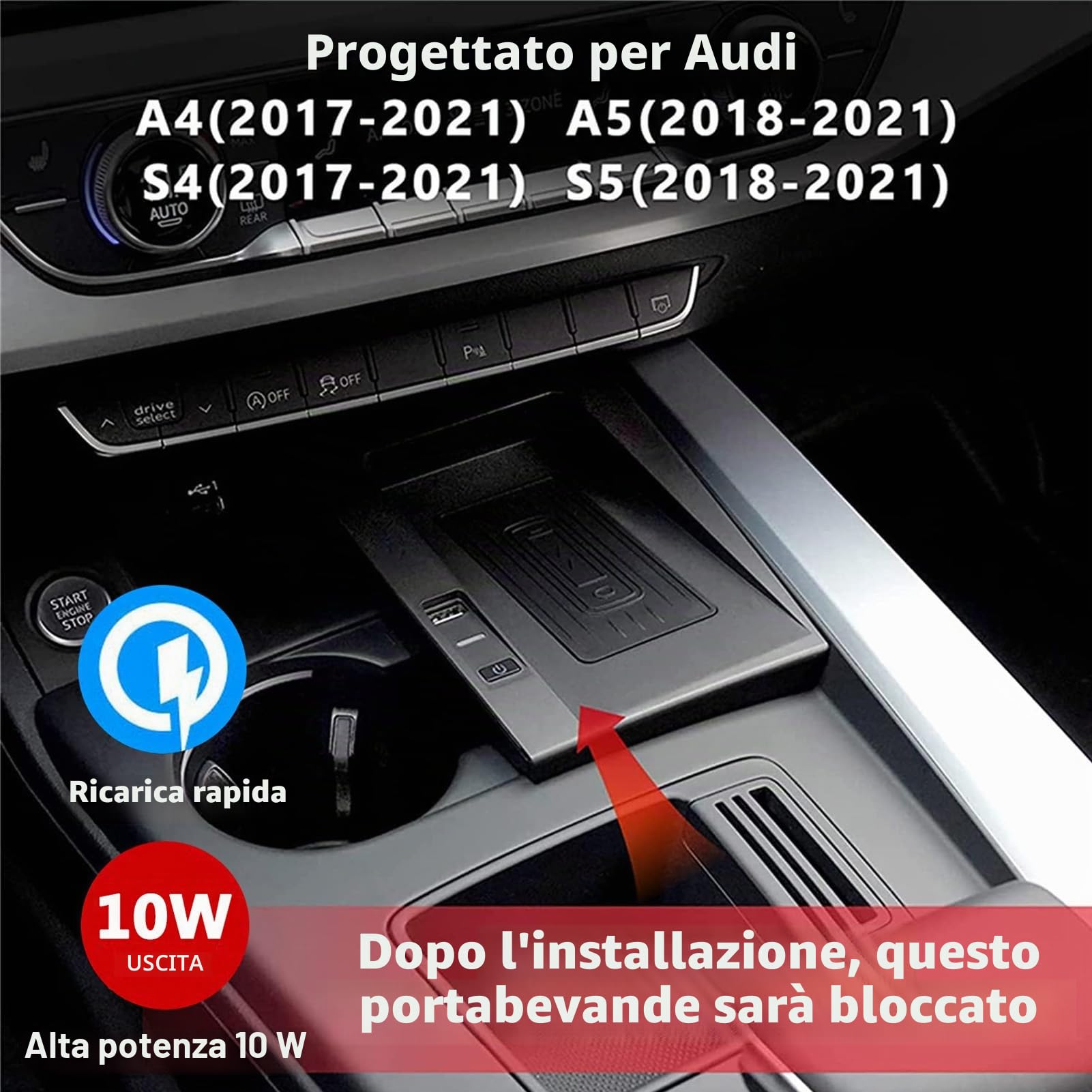 Caricabatterie Wireless Per Auto per Audi A4/A5/S4/S5(2018-2021), Tappetino Di Ricarica Rapida Per Telefono Da 15W per Qualsiasi Telefono Cellulare Abilitato Qi