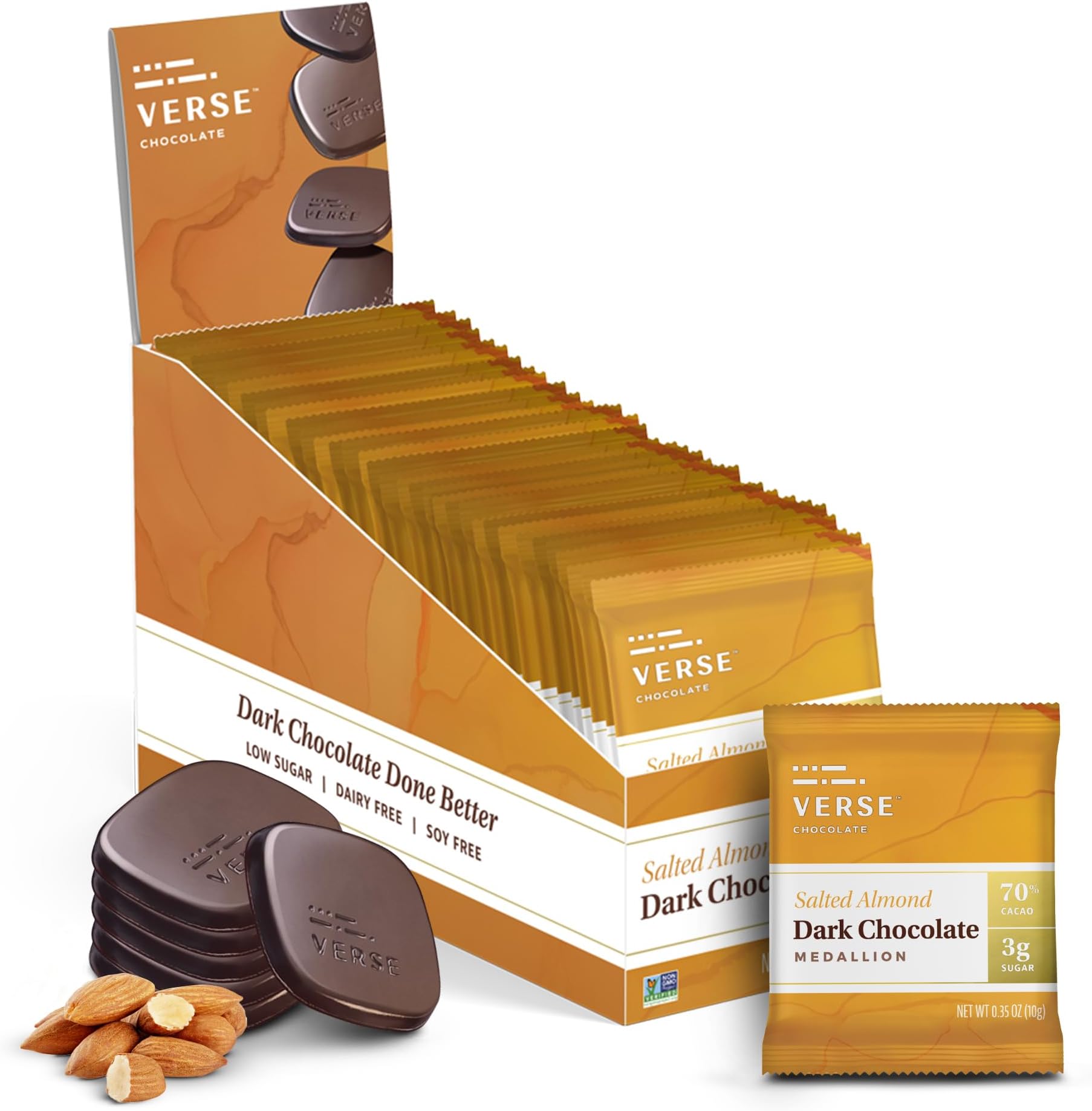 Verse 70% Dark Chocolate with Almonds - Only 3g Cane Sugar - Creamy Dark Cocoa Squares - Individually Wrapped Chocolates (30 Count)