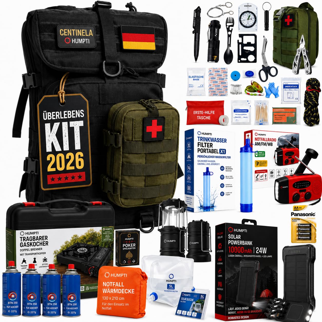 EU-Überlebens-Set 2026, komplett, taktischer Verbandskasten mit Zange, Schere und Pfeife, Gaskocher, 4 Kartuschen, zusammenklappbare Campinglampe, Solarradio/Kurbel, Wasserreiniger, Molle-Rucksack