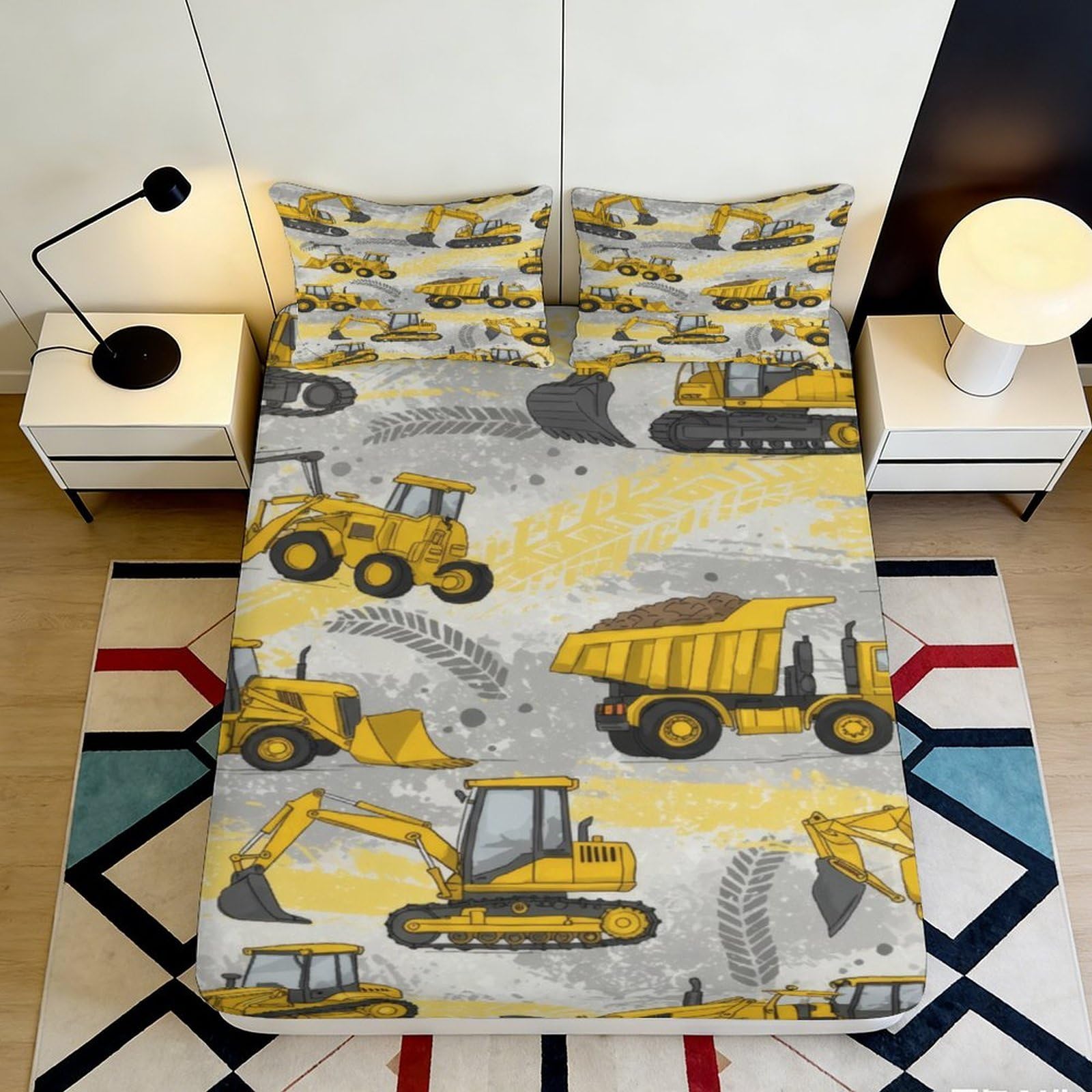 3D Printed Construction Vehicles Fitted Sheet Microfiber Yellow Digger Bed Sheet for Bedroom Dorm Mattress Protection Decor 90x200x25cm