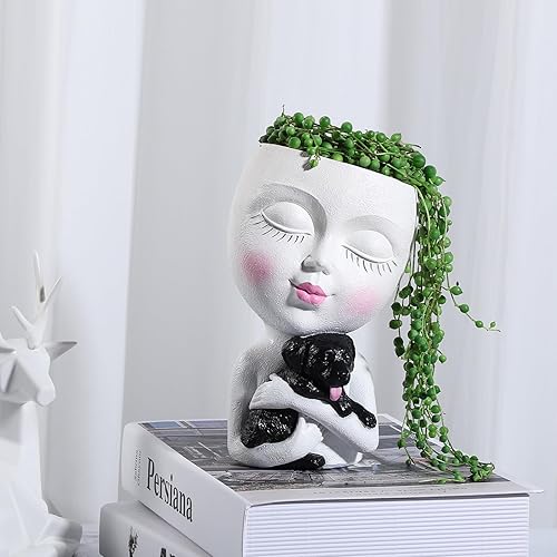 Miniatura 6 de WEWEOW Macetas con cabeza para interior y exterior, maceta con perro, maceta suculenta con agujero de drenaje, bonitas macetas de cara de dama