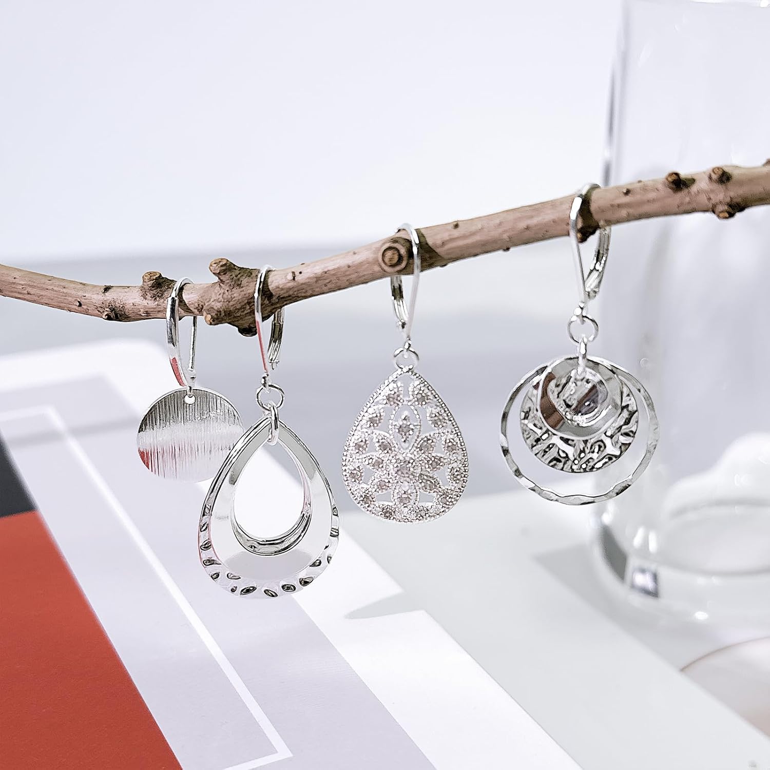 925 Silver Needle Dangle Earrings Set for Women Silver Hypoallergenic Leverback Drop Earrings Circle Teardrop Disc Coin Geometric Cubic Zirconia Earring Jewelry Gift
