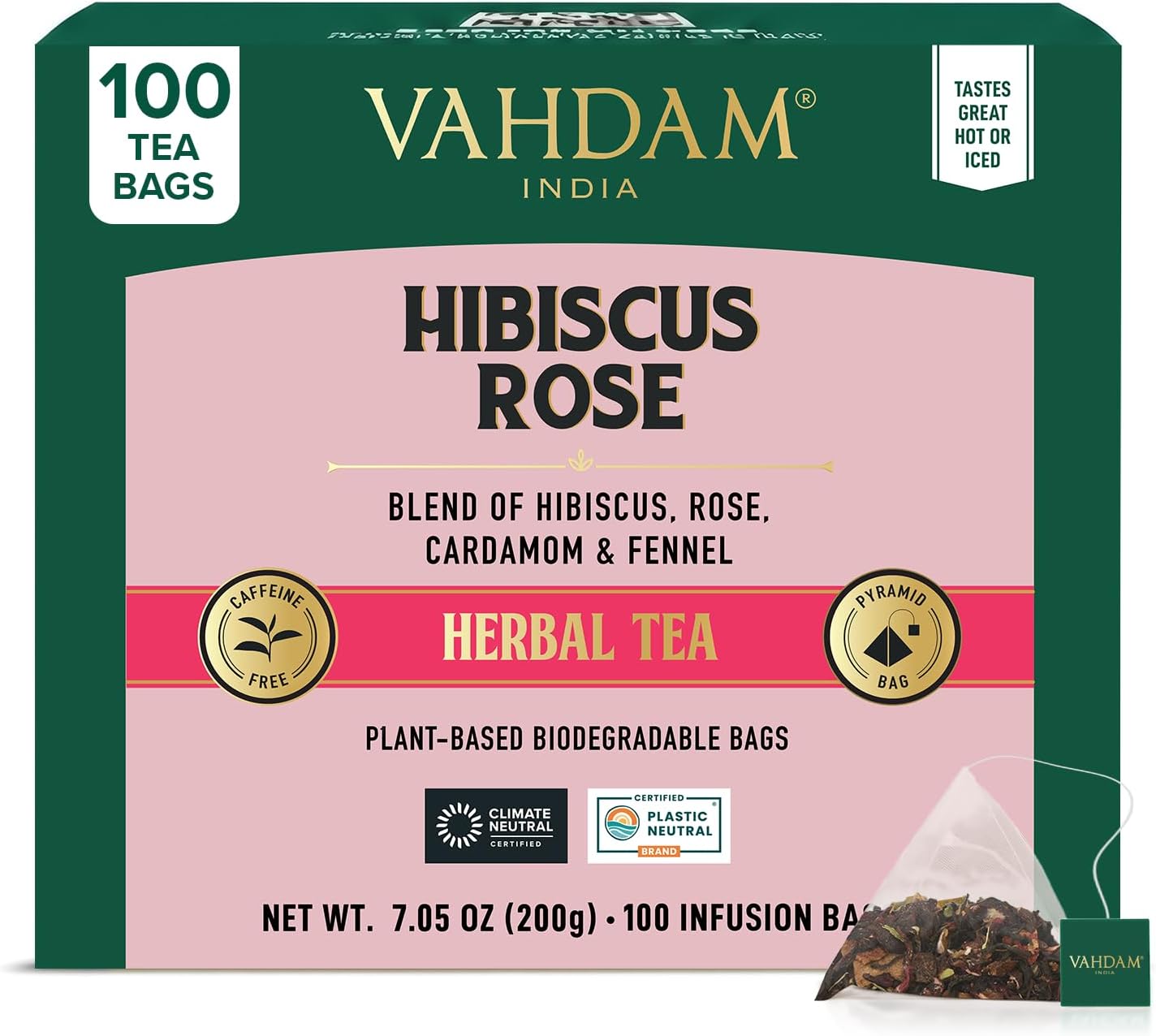 VAHDAM, Hibiscus Rose Tea Bags - 100% Whole Hibiscus Flowers Herbal Tea Bags (100 Count) With Rose, Chamomile & Exotic Spices | Caffeine Free, Floral Flavor Tisane | Resealable Ziplock Pouch