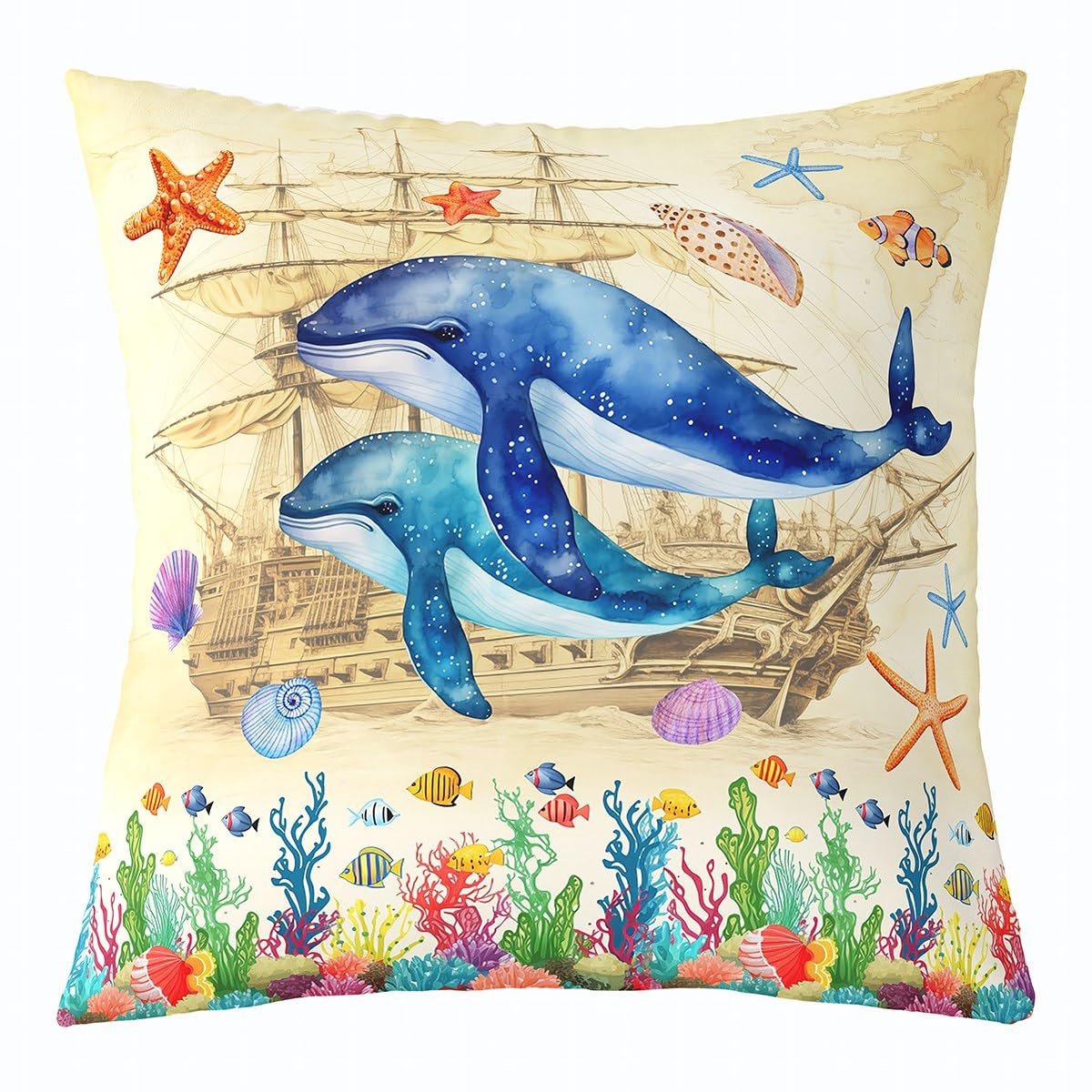 richhome Cartoon Whale Throw Pillow Cover 22x22 Inch Colorful Cute Fish Watercolor Starfish Cushion Cover for Kids Boys Girls Teens Retro Nautical Sailship Ocean Themed Pillow Case for Bed