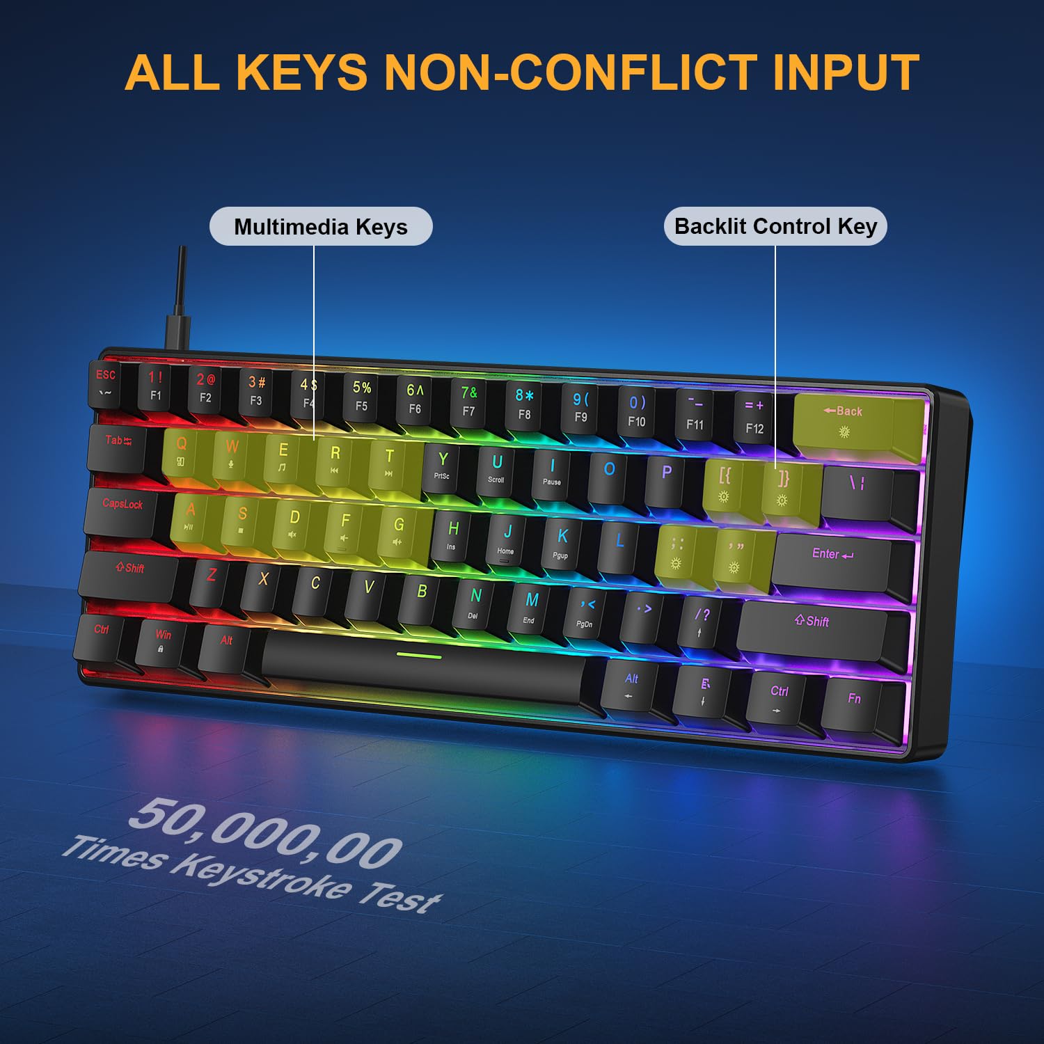 BlueFinger Tastiera da gioco meccanica al 60% e mouse combinato, tastiera RGB arcobaleno retroilluminata a 61 tasti con interruttore rosso e mouse da gioco LED a 4 DPI, set con cavo USB per PC, laptop