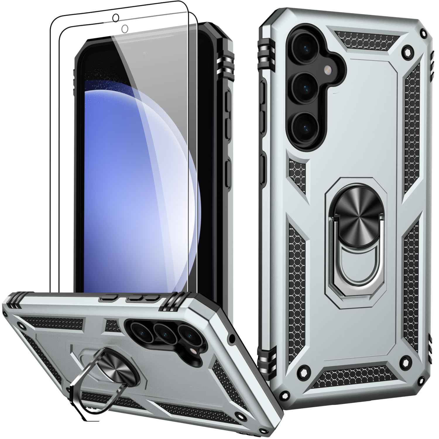 LUMARKE for Galaxy S21 FE Case with Screen Protector,Pass 16ft. Drop Tested Military Grade Protective Phone Cover with Magnetic Ring Kickstand Compatible with Car Mount Holder Silver