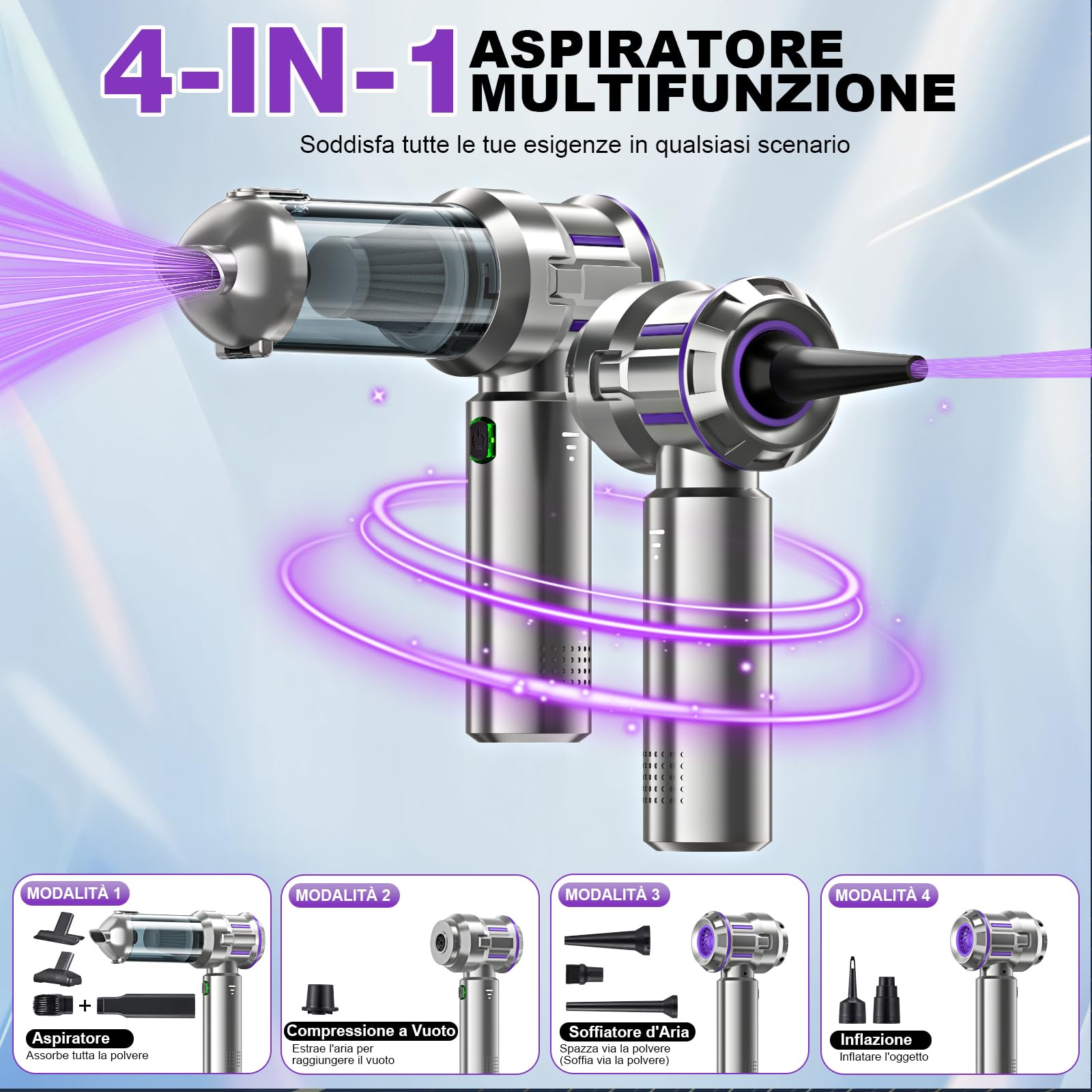 Aspirapolvere Portatile Senza Fili 4-in-1, 25000PA, 220000 U/min, 3 Velocità, per Auto, Computer, Cucina, Divano, Ufficio, con Batteria Ricaricabile agli Ioni di Litio, Spruzzo Compresso Elettrico, LE