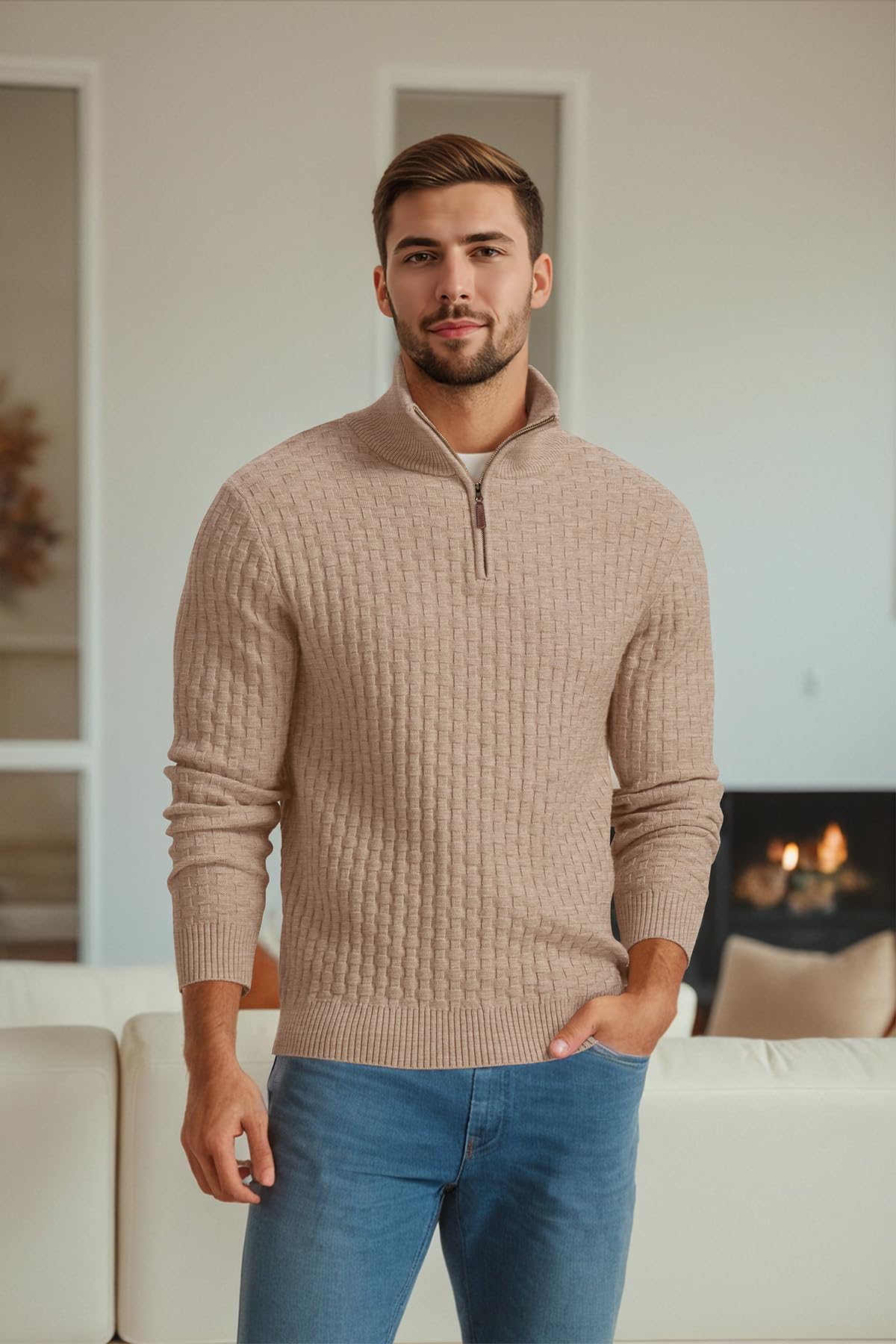 QIXING Jersey de punto para hombre, cuello medio, grueso, informal, con cremallera 1/4