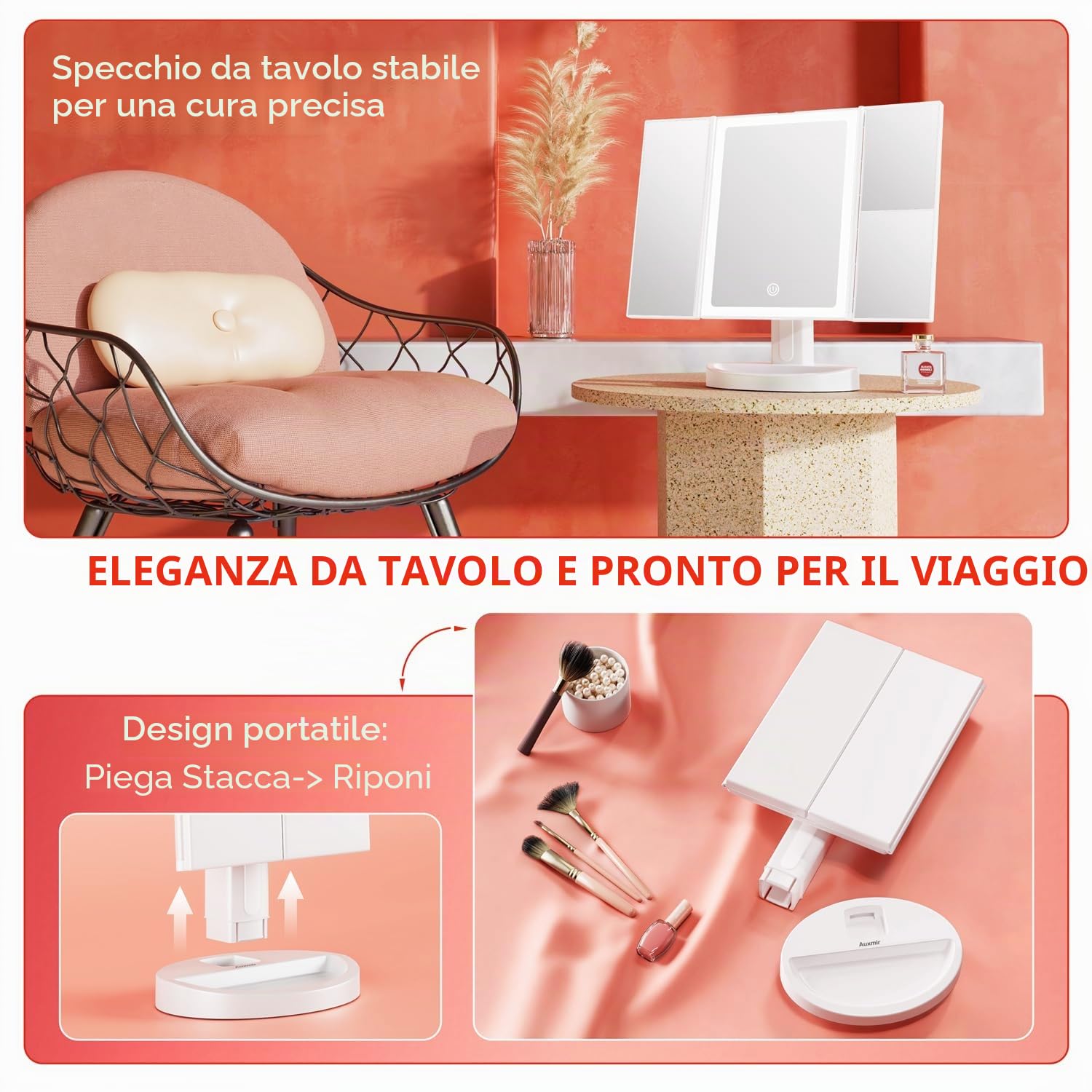 Auxmir Specchio Trucco con Luci Ricaricabile 2000mAh, Specchio Ingranditore 10X/5X/1X, Luminosità Regolabile, 3 Colori di Luce a 68pz LED, Ideale Regalo per Casa e Viaggio