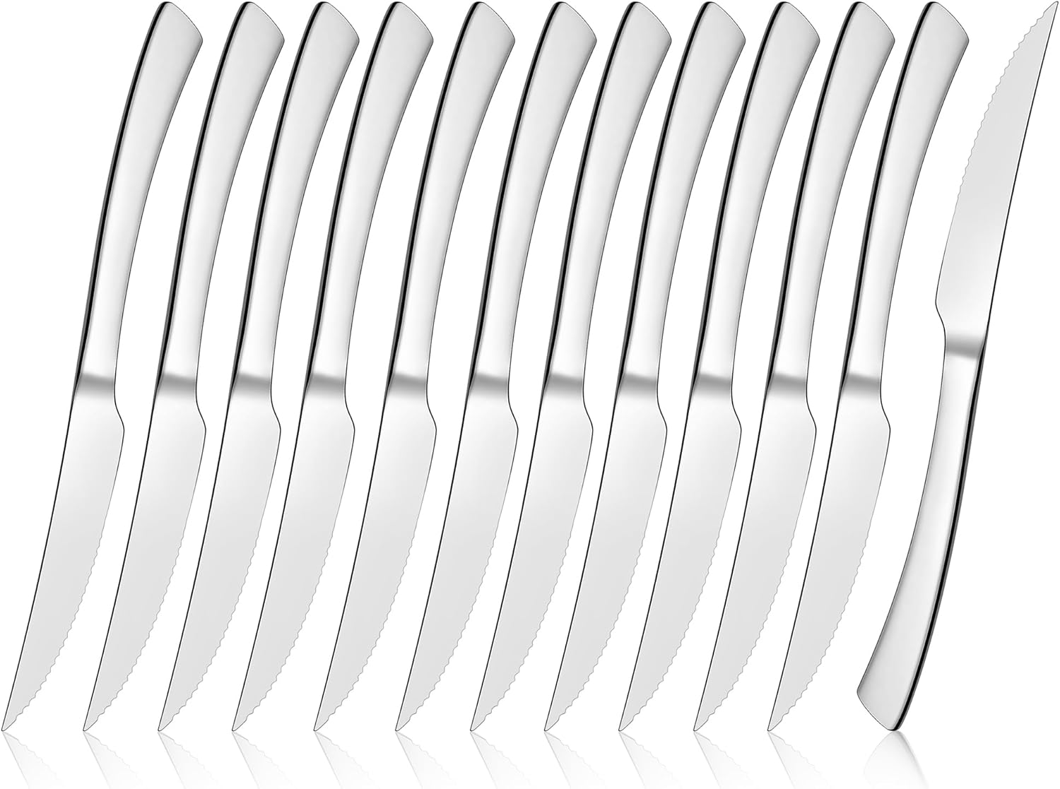 E-far 12-Piece Serrated Steak Knives Set, 9-Inch Stainless Steel with Ergonomic Handle, Sharp Blade Tip, Mirror Finish, Dishwasher Safe