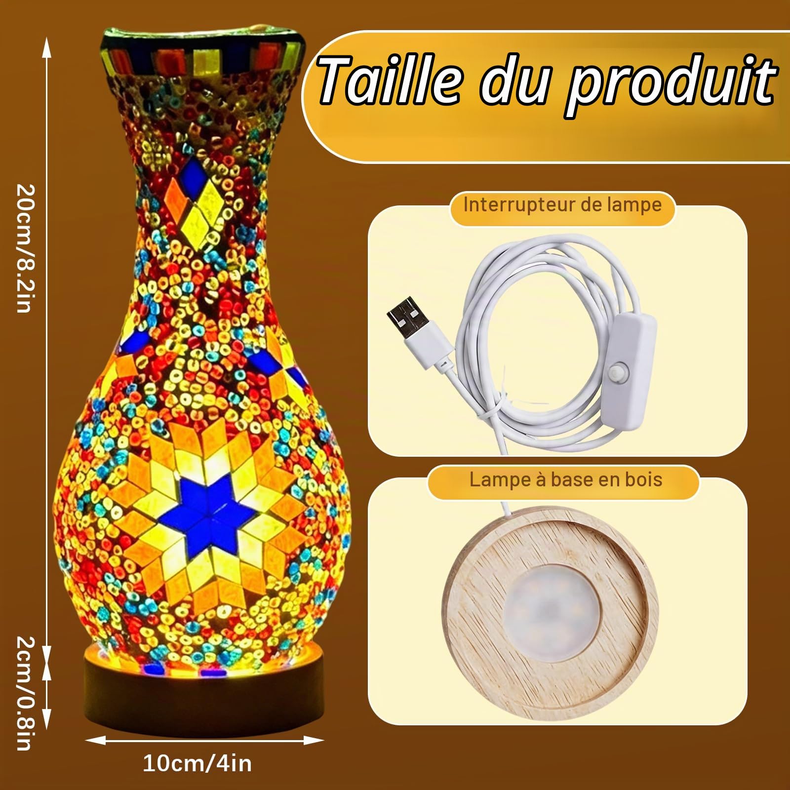 BRGD Rétro Lampe de Vase en Mosaïque, Turque Lampe de Table Marocaine avec USB Base en Bois Vase en Verre Coloré Fait à Main pour Chambre à Coucher, Salon, Ferme
