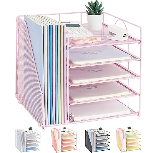 Desk Organizers and Accessories, 5-Tier Paper Letter Tray Organizer with File Holder, Pink Office Decor (Pink)