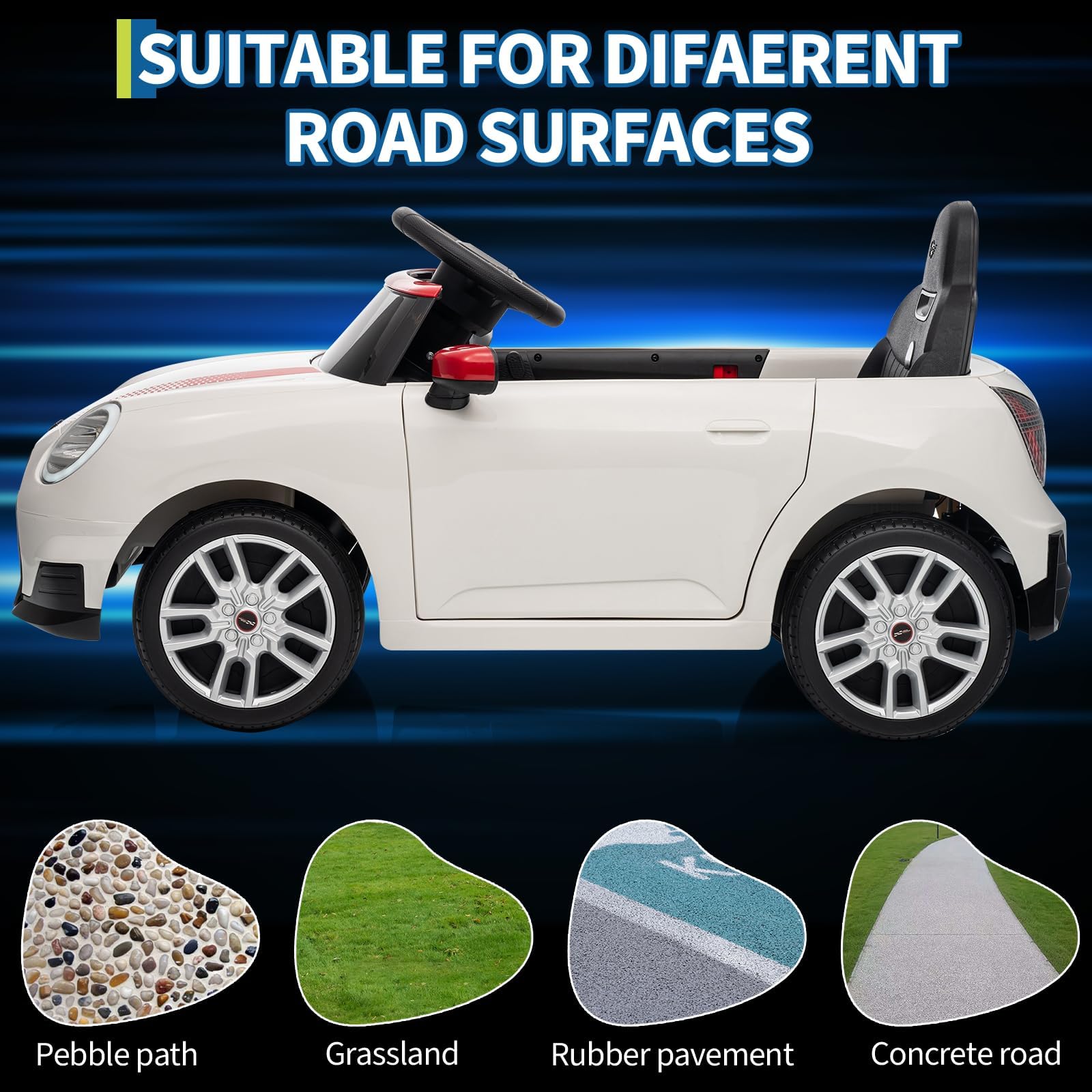 Coche Eléctrico para Niños 12V con Licencia, Mando a Distancia 2,4G, LED, Música, USB, Blanco