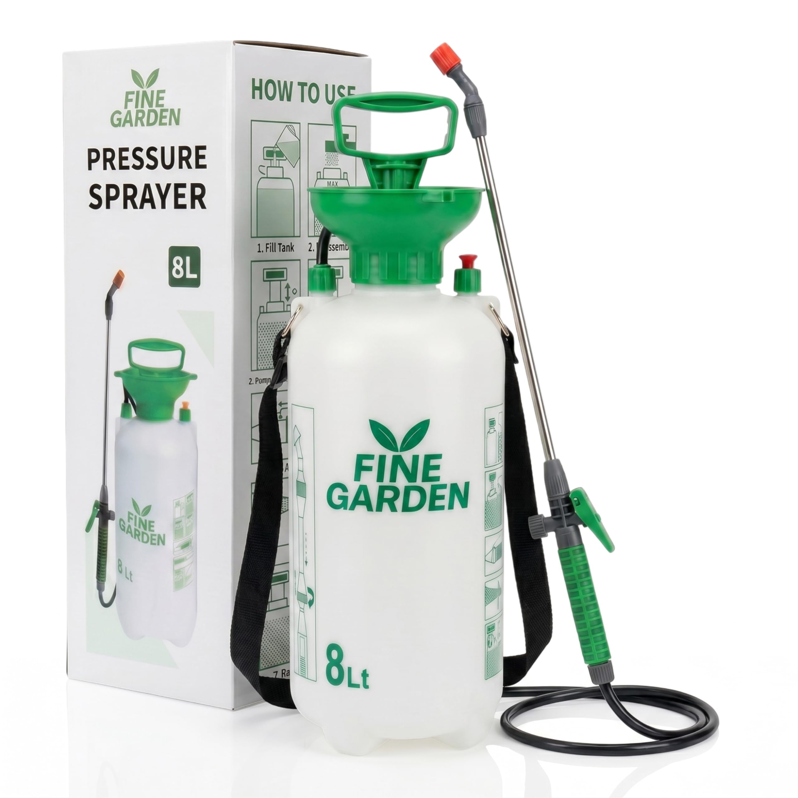 FINE GARDEN 8L Garden Sprayer, Pump Action Pressure Sprayer with Adjustable Lance,Nozzle & Shoulder Strap, Weed Sprayer Pump for Weed Killer,Patio Cleaner,Ideal with Pesticides,Insecticides,Fungicides