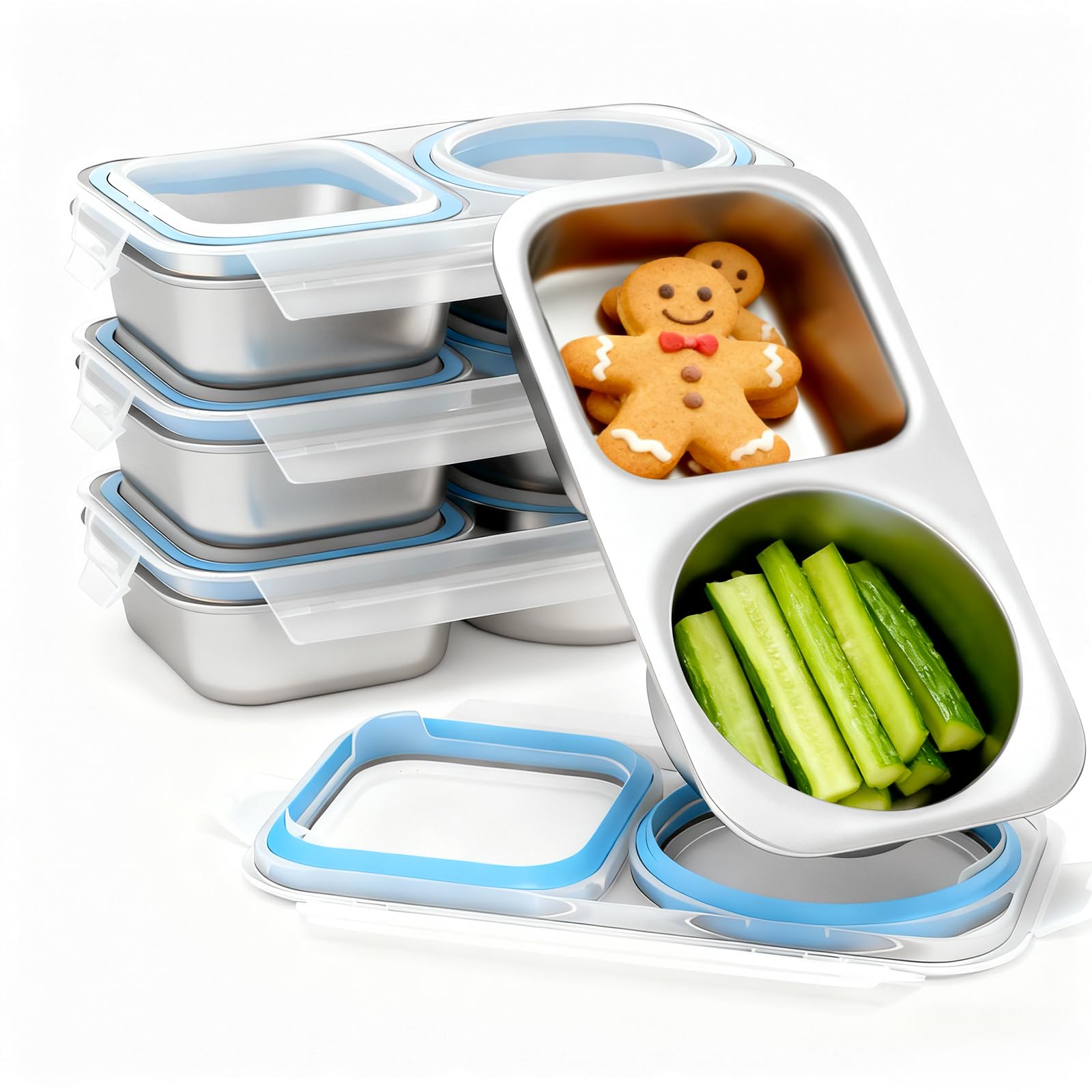 Photo 1 of Bakpoco 4 Pack Stainless Steel Snack Containers, 2 Compartment, Leak-Proof Lids