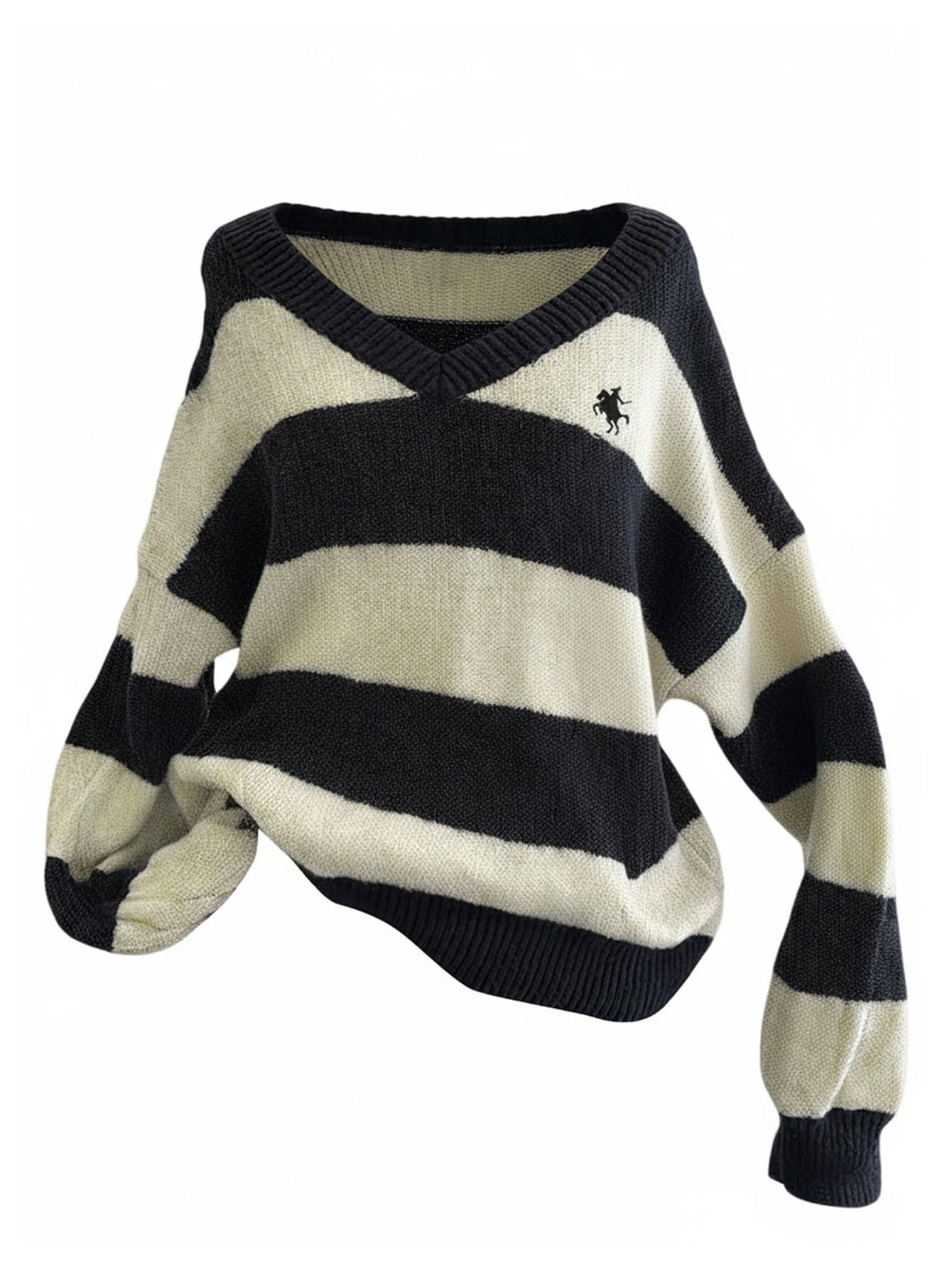 Womens Oversized Striped Sweaters Long Sleeve V Neck Embroidery Knit Jumper Pullovers